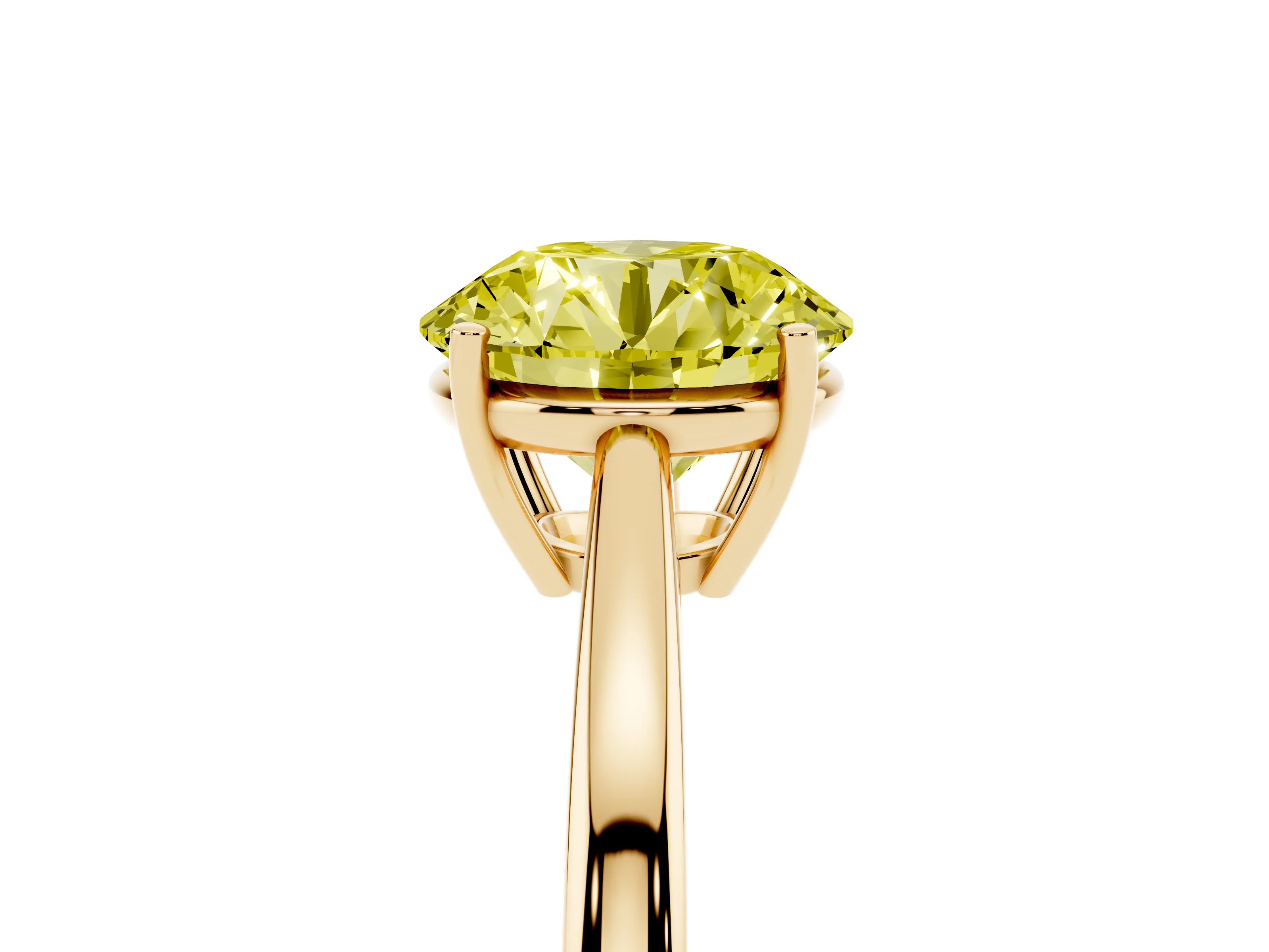 Fancy Yellow Round Cut Diamond Solitaire Ring Set in Yellow gold with Split Shank and Prong Setting