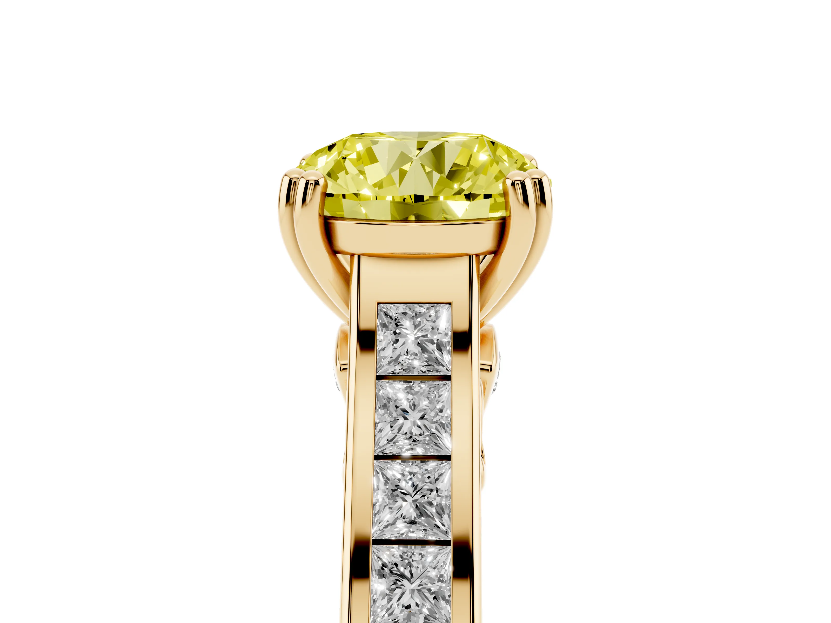 Fancy Yellow Round Cut Diamond Channel Set Solitaire Engagement Ring Set in Yellow gold with Prong Setting