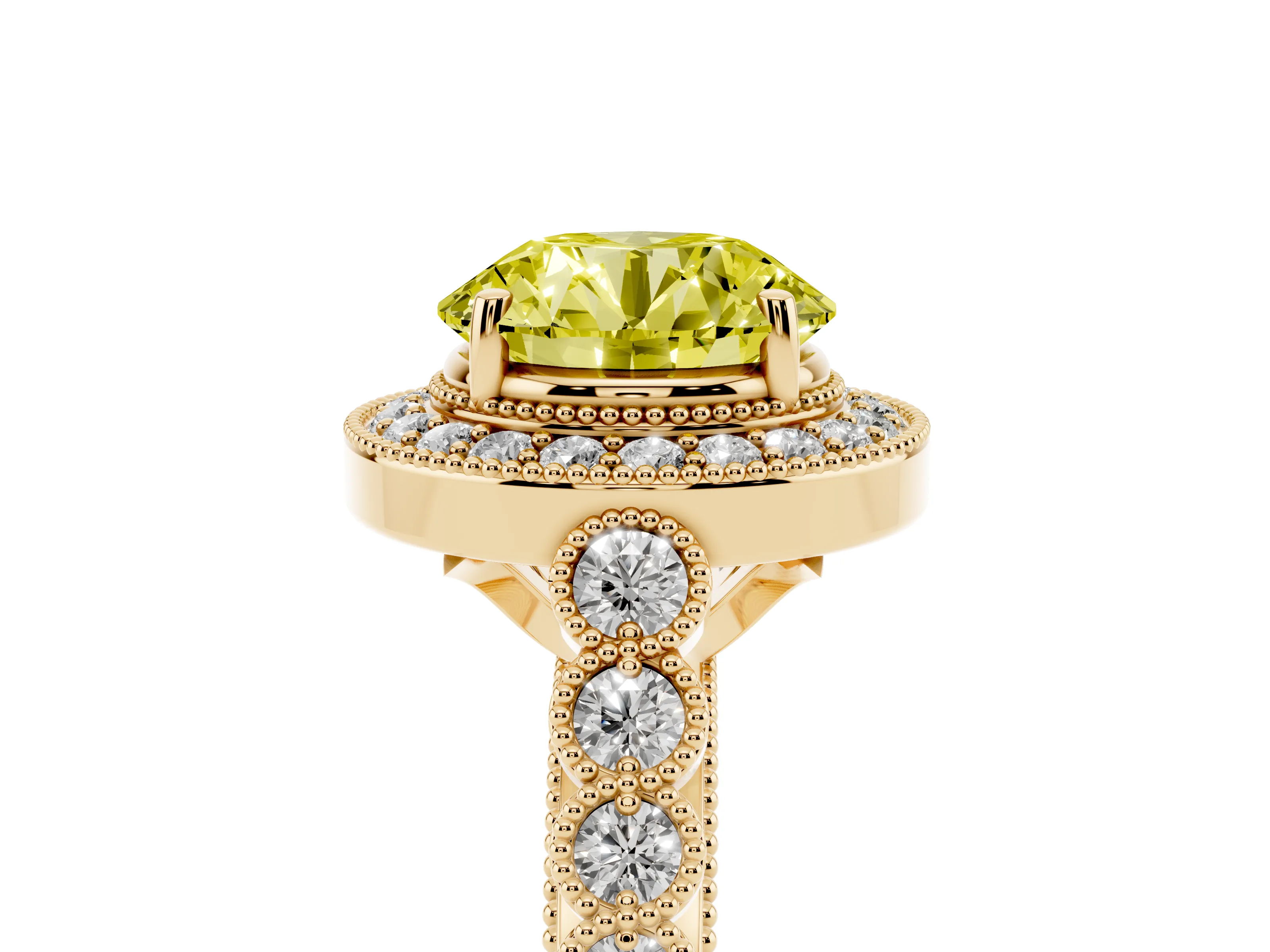 Fancy Yellow Round Cut Diamond Milgrain Halo Solitaire Ring Set in Yellow gold with Bezel Set Side Stones and Pavé Band