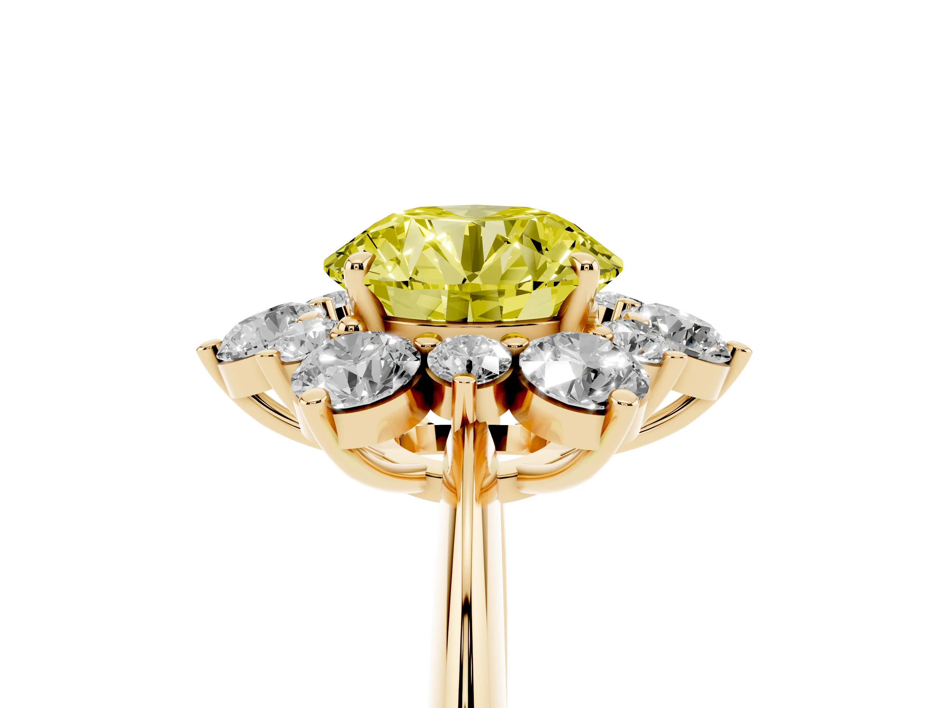 Fancy Yellow Round Cut Diamond Cluster Halo Ring Set in Yellow gold with Solitaire Band and Prong Setting