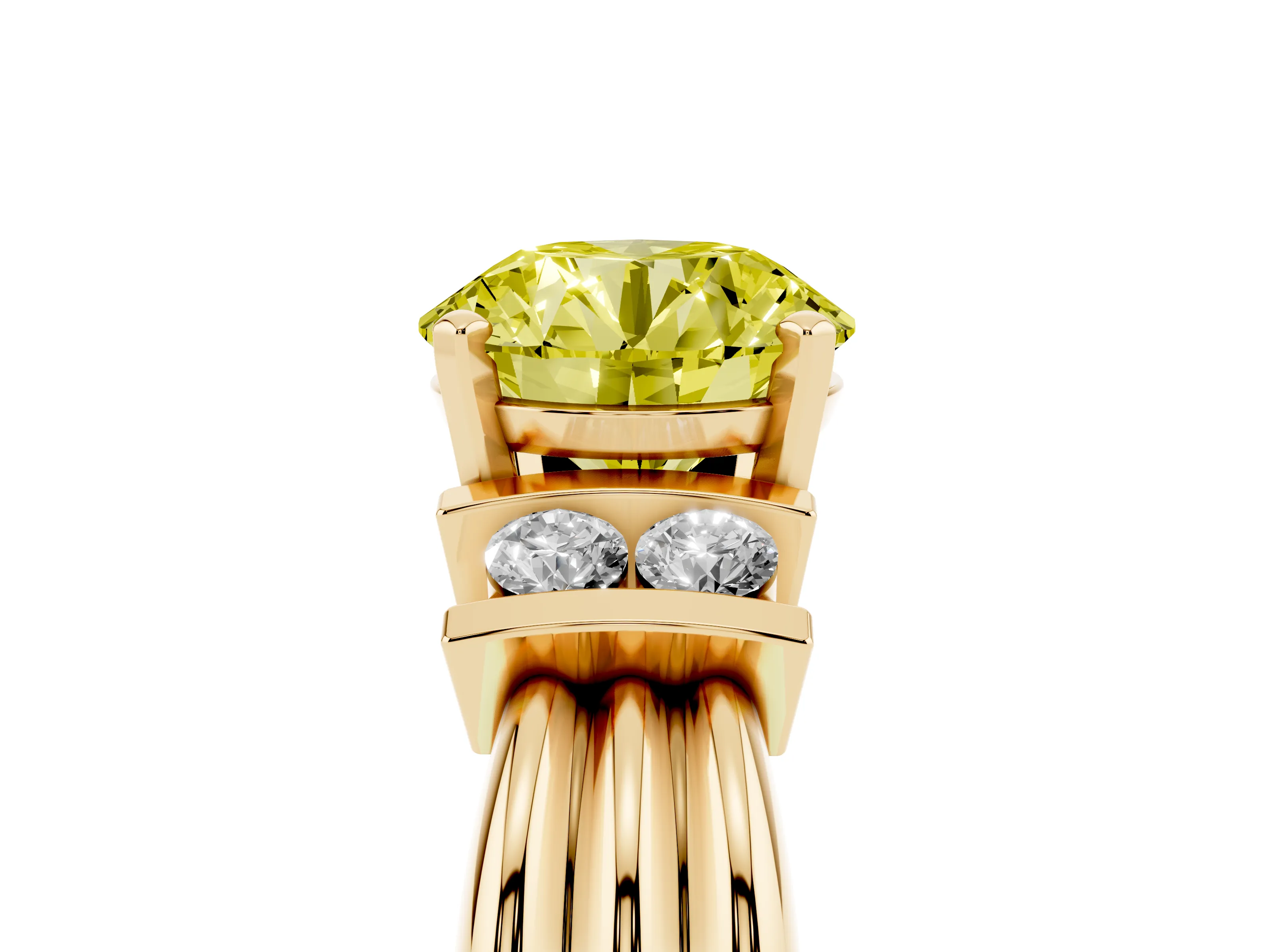 Fancy Yellow Three-Stone Round Cut Diamond Channel Set Ring Set in Yellow gold with Bar Prongs