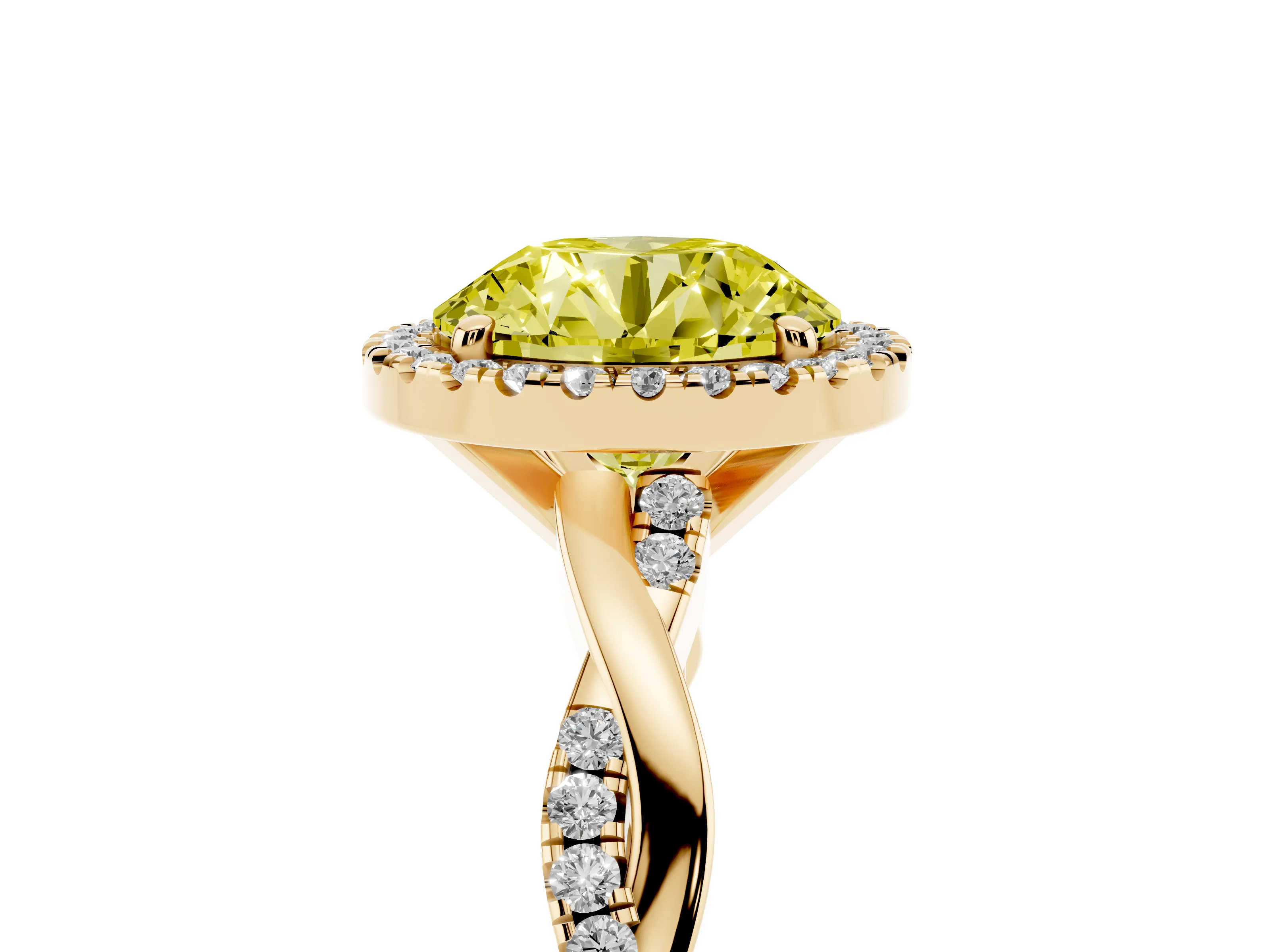 Fancy Yellow Round Cut Diamond Halo Twisted Band Ring Set in Yellow gold with Prong Setting