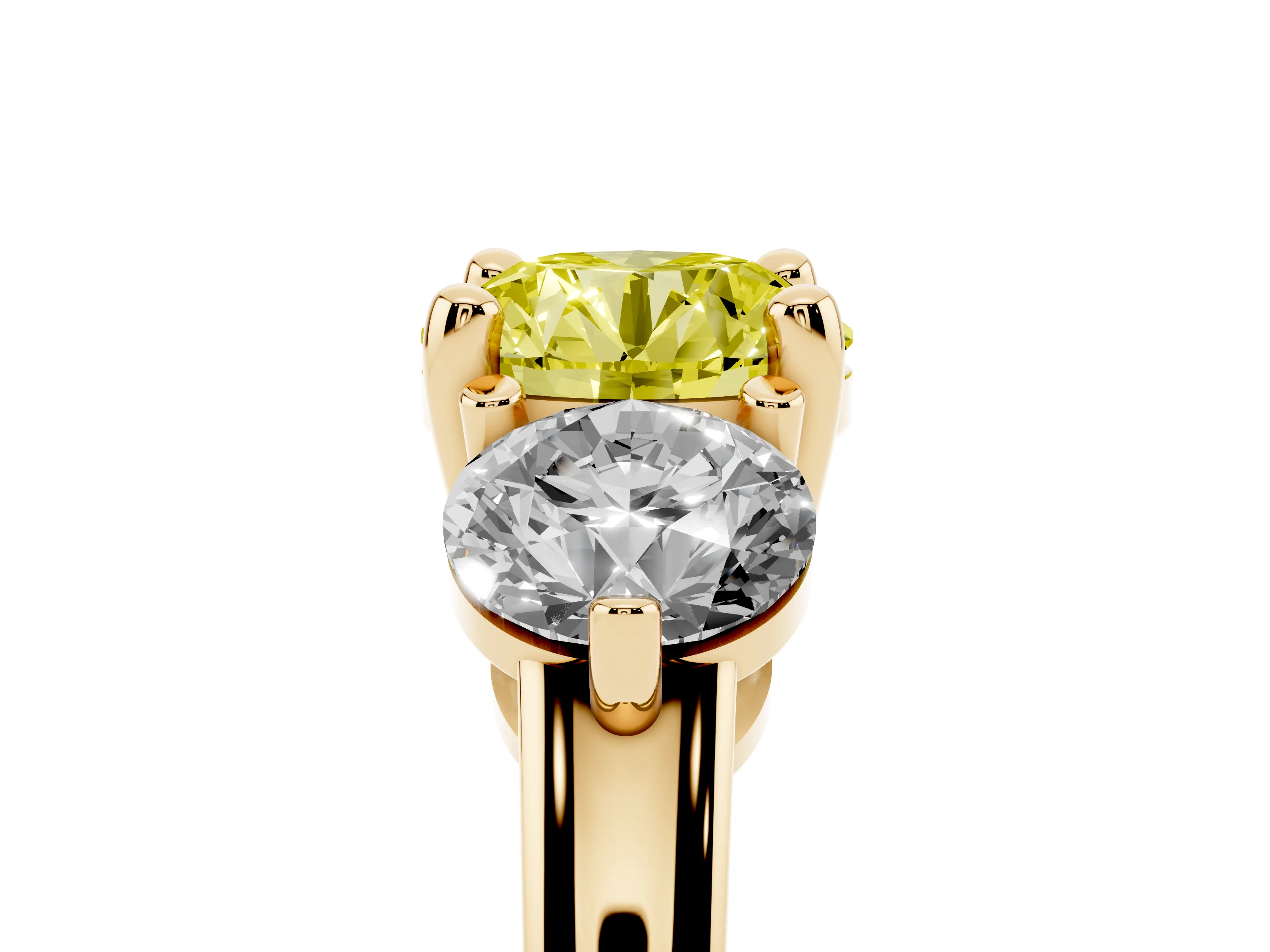 Fancy Yellow Round Cut Diamond Three-Stone Ring Set in Yellow gold with Prong Setting and Classic Band