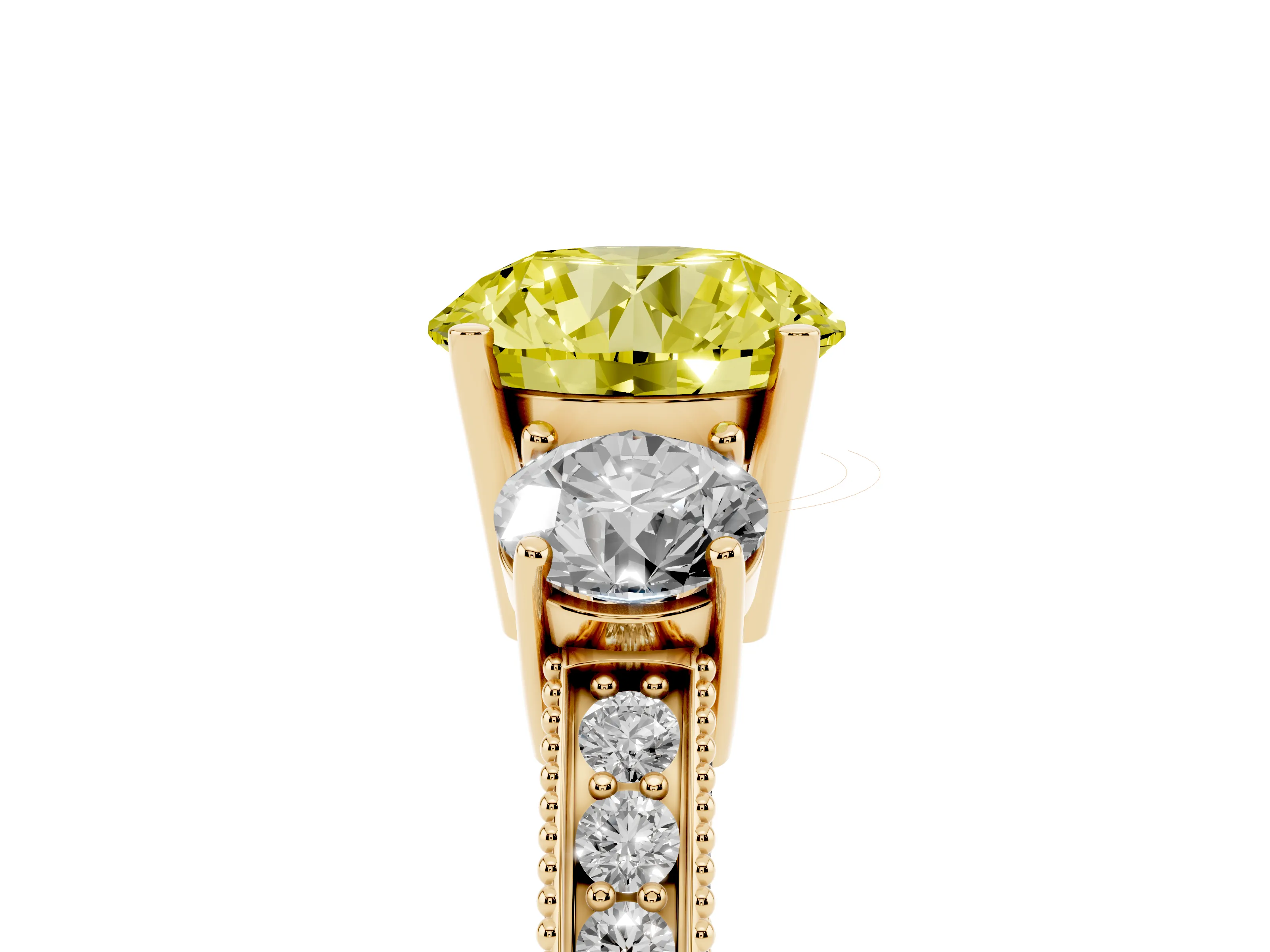 Fancy Yellow Round Cut Diamond Three-Stone Ring Set in Yellow gold with Round Side Stones and Pavé Band
