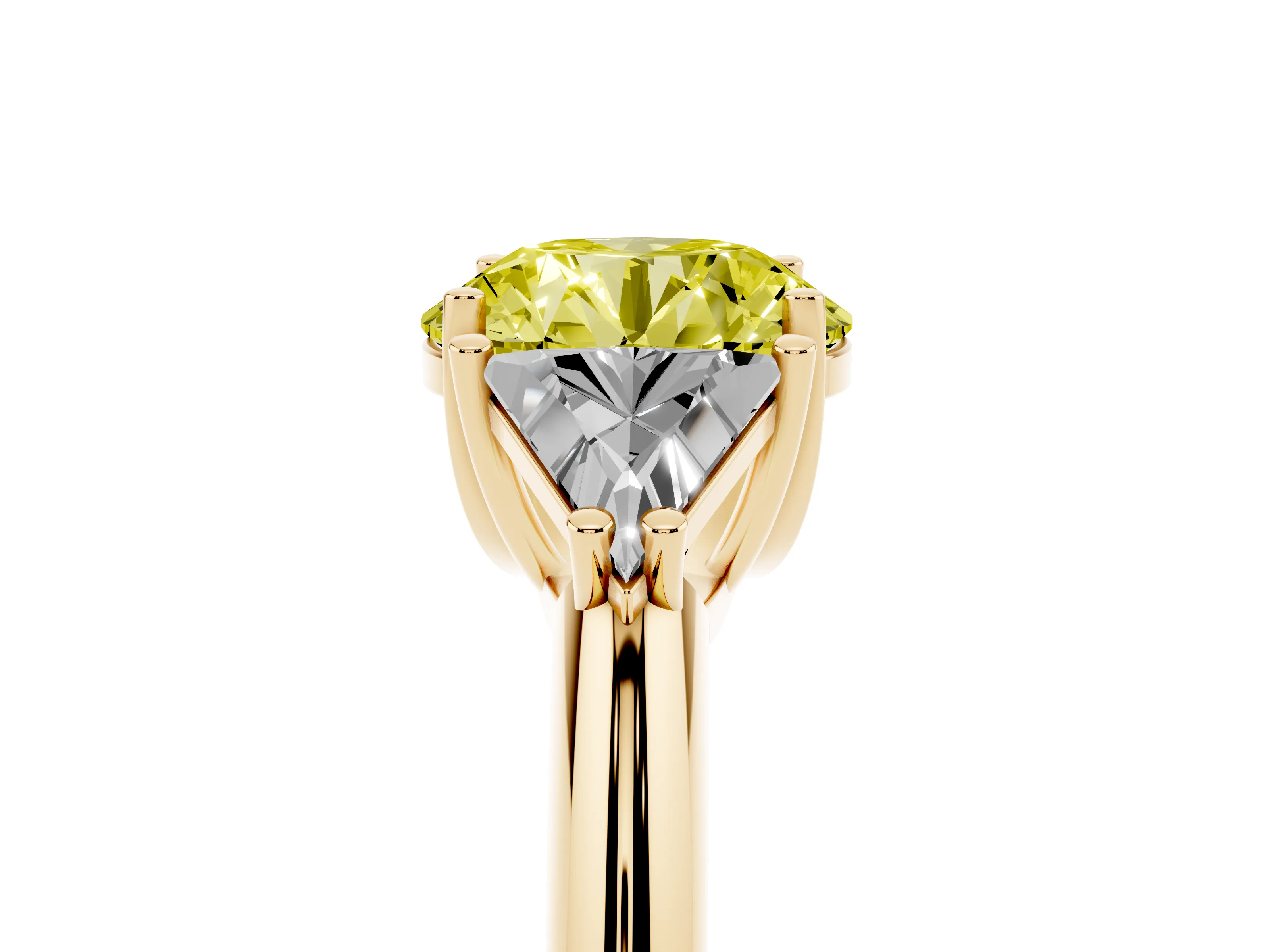Fancy Yellow Round Cut Diamond Three-Stone Engagement Ring Set in Yellow gold with Trillion Side Stones
