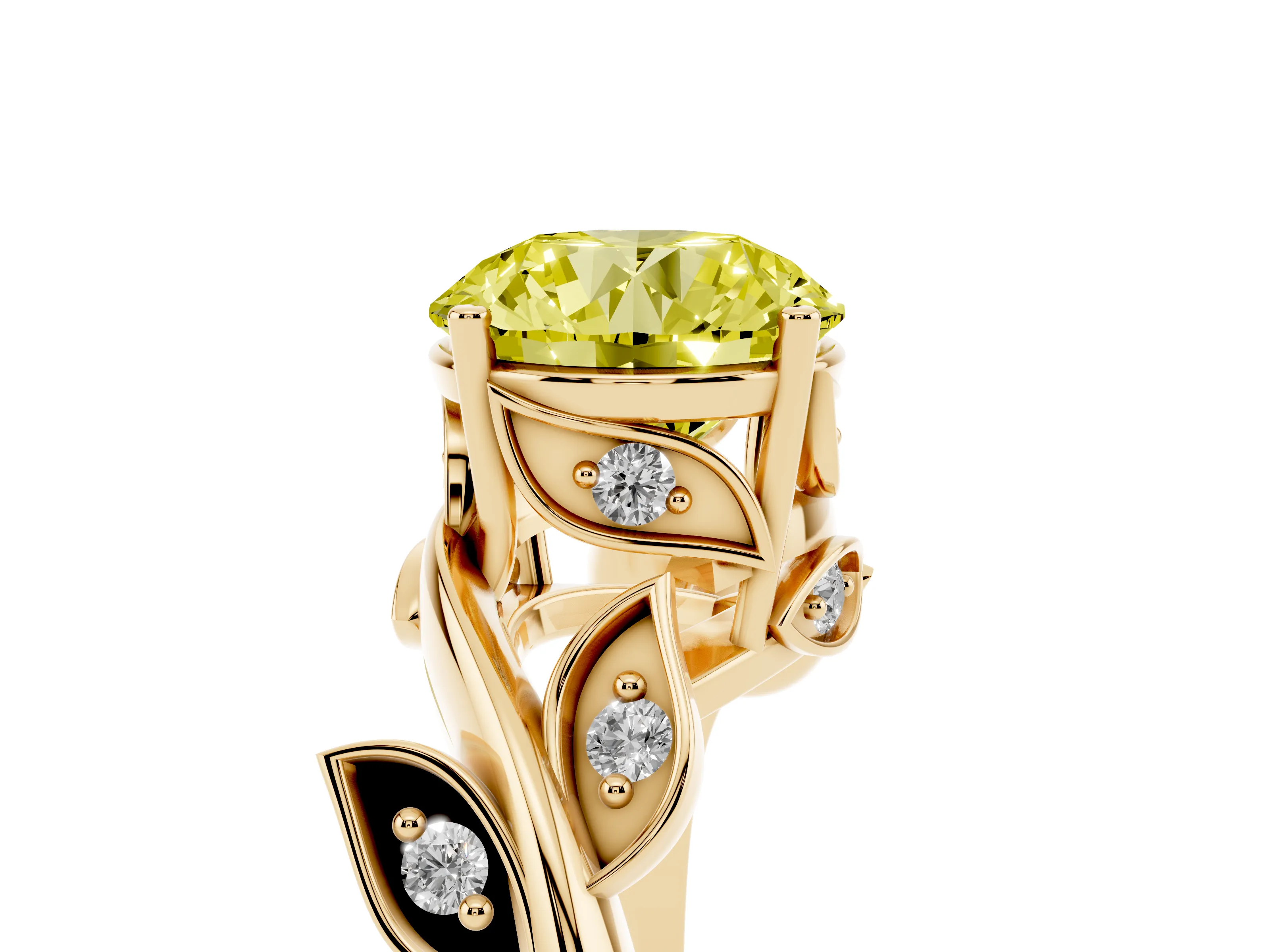 Fancy Yellow Round Cut Diamond Solitaire Twist Engagement Ring Set in Yellow gold with Pavé Leaf Accents