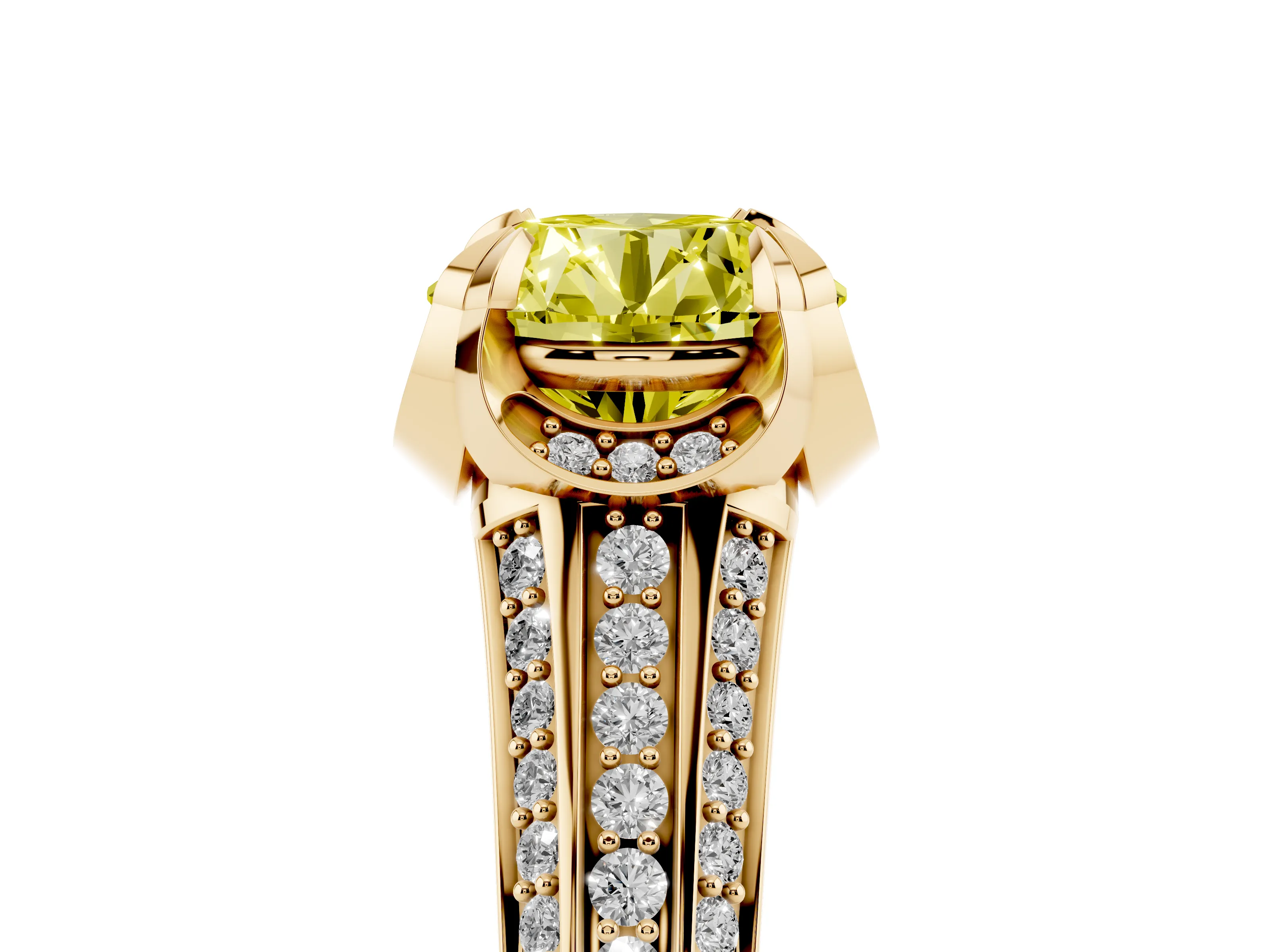 Fancy Yellow Round Cut Diamond Pavé Split Shank Solitaire Ring Set in Yellow gold with Prong Setting