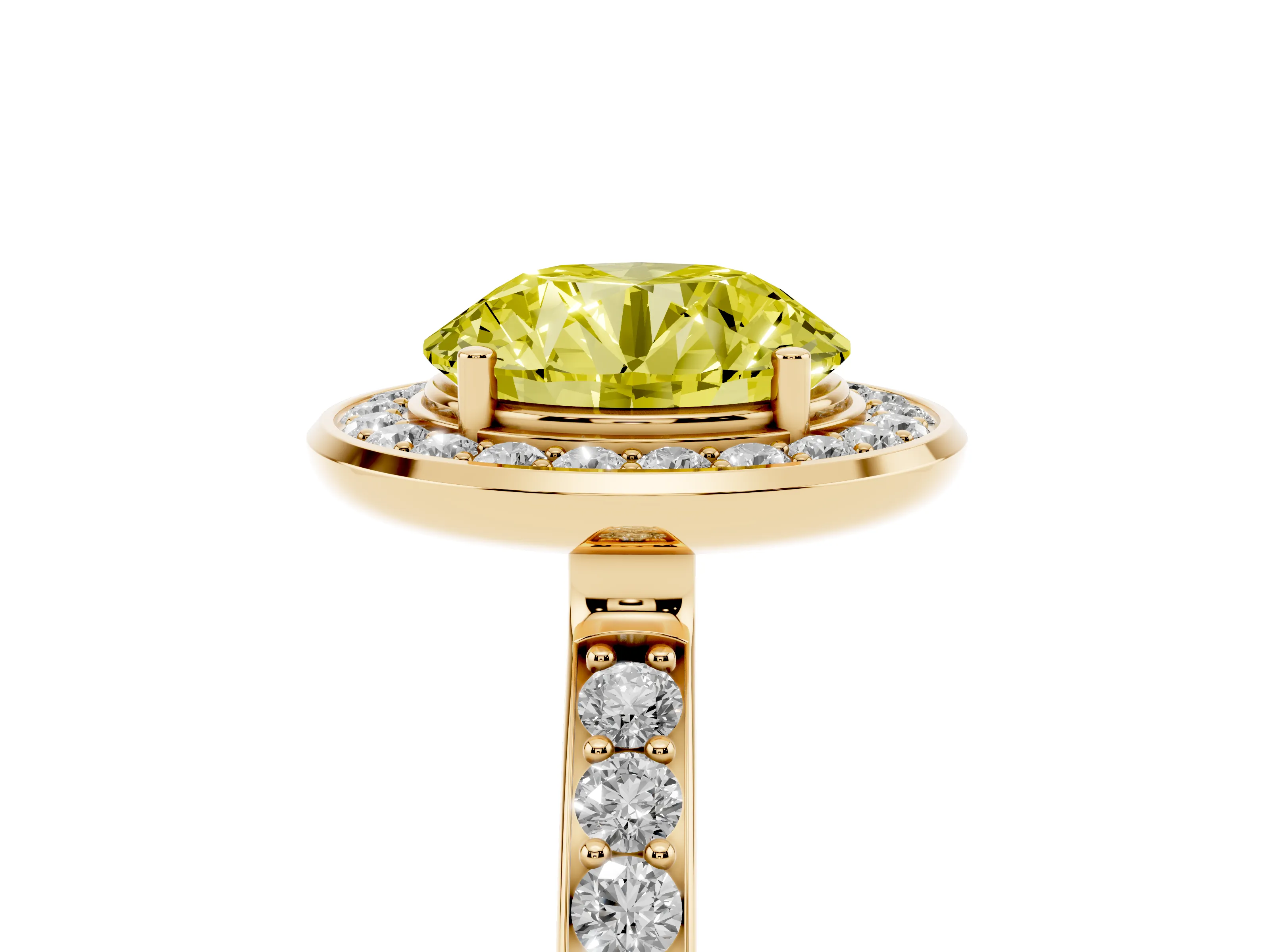 Fancy Yellow Round Cut Diamond Halo Ring Set in Yellow gold with Bezel Frame and Pavé Band