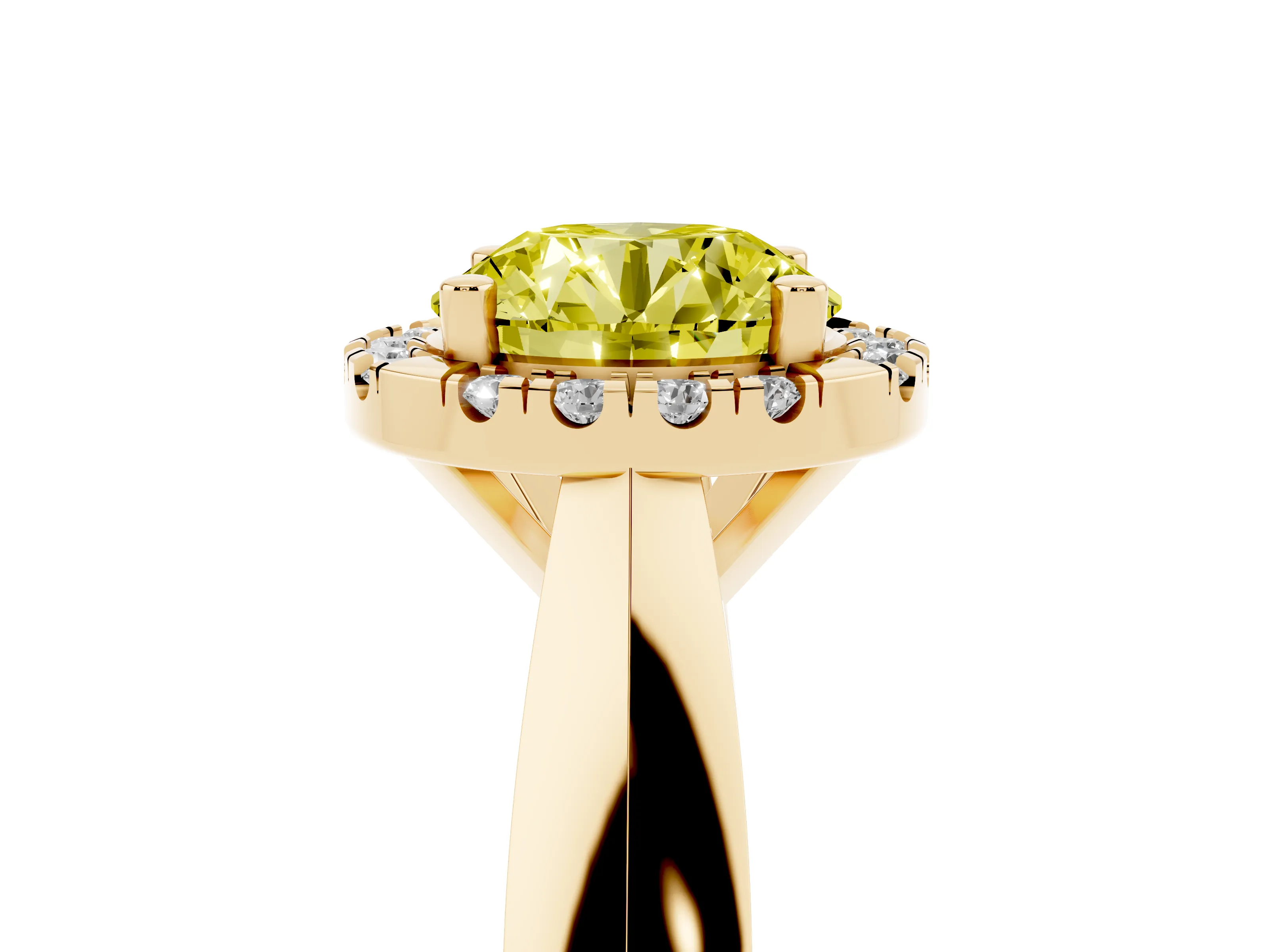 Fancy Yellow Round Cut Diamond Halo Solitaire Engagement Ring Set in Yellow gold with Square Band and Prong Setting