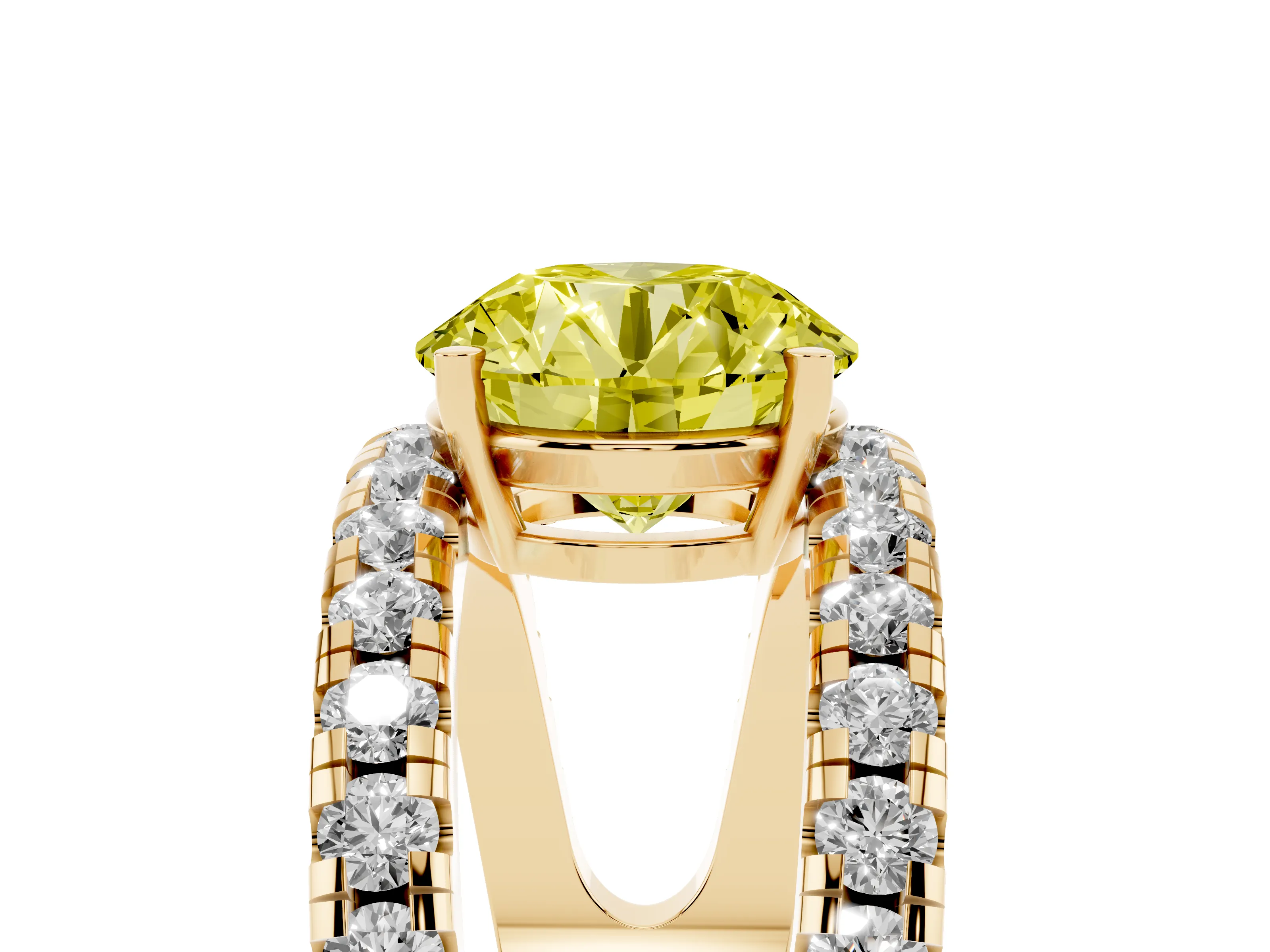 Fancy Yellow Round Cut Diamond Split Shank Pavé Solitaire Ring Set in Yellow gold with Open Shank Design