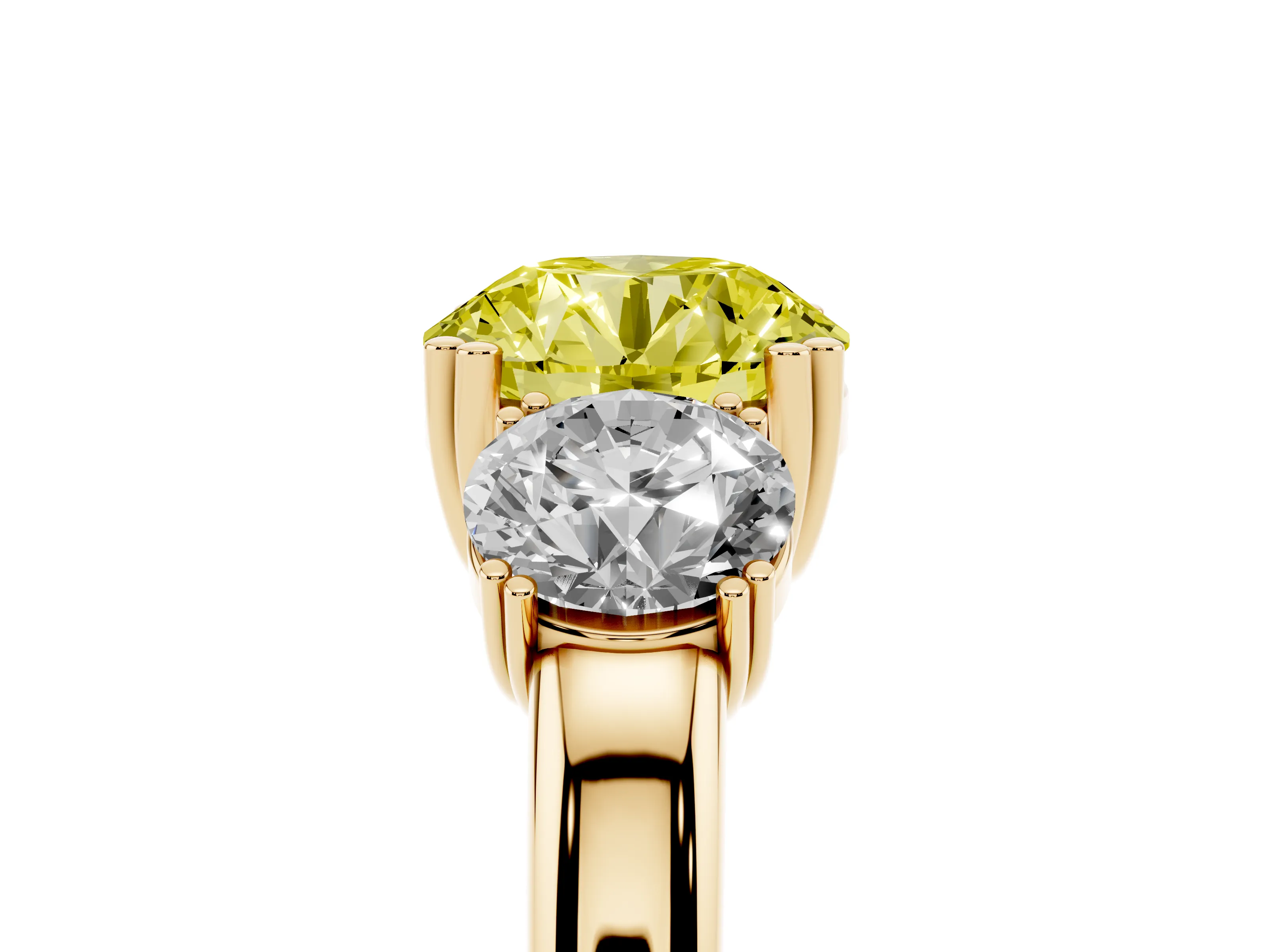 Fancy Yellow Round Cut Diamond Three-Stone Ring Set in Yellow gold with Polished Channel-Set Band