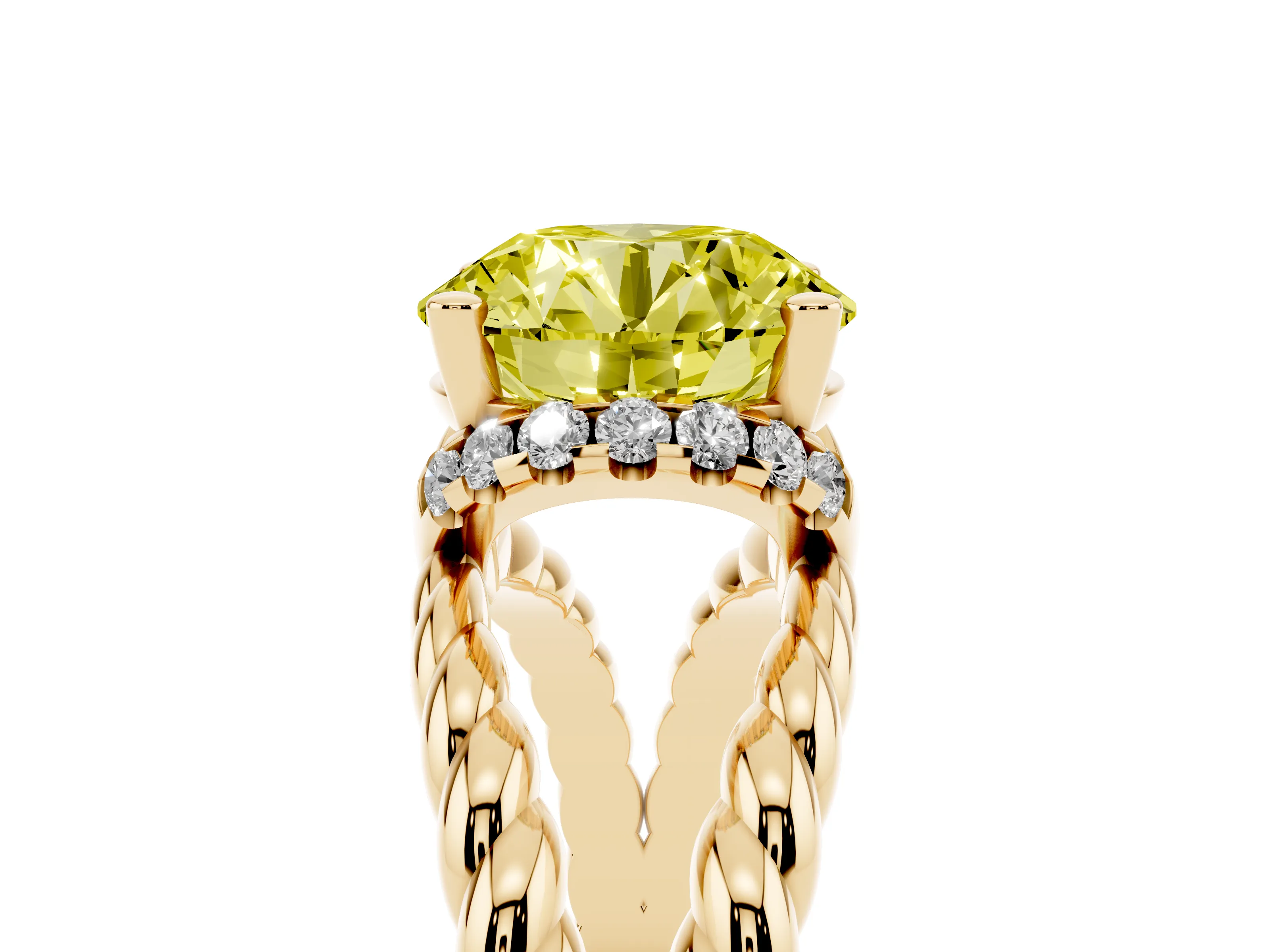 Fancy Yellow Round Cut Diamond Halo Ring Set in Yellow gold with Twisted Band and Prong Setting