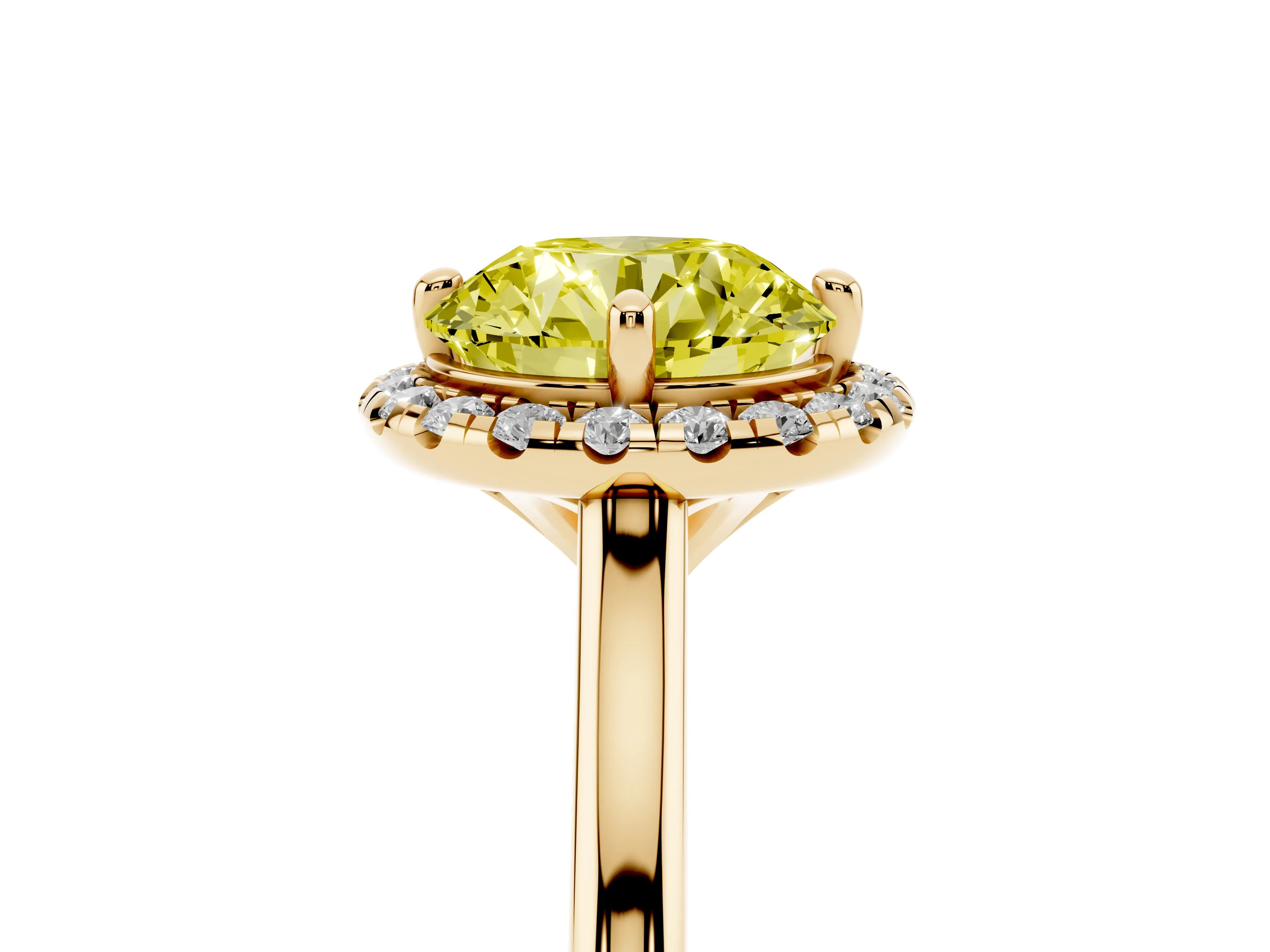Fancy Yellow Round Cut Diamond Halo Engagement Ring Set in Yellow gold with Pavé Band and Rising Shoulders
