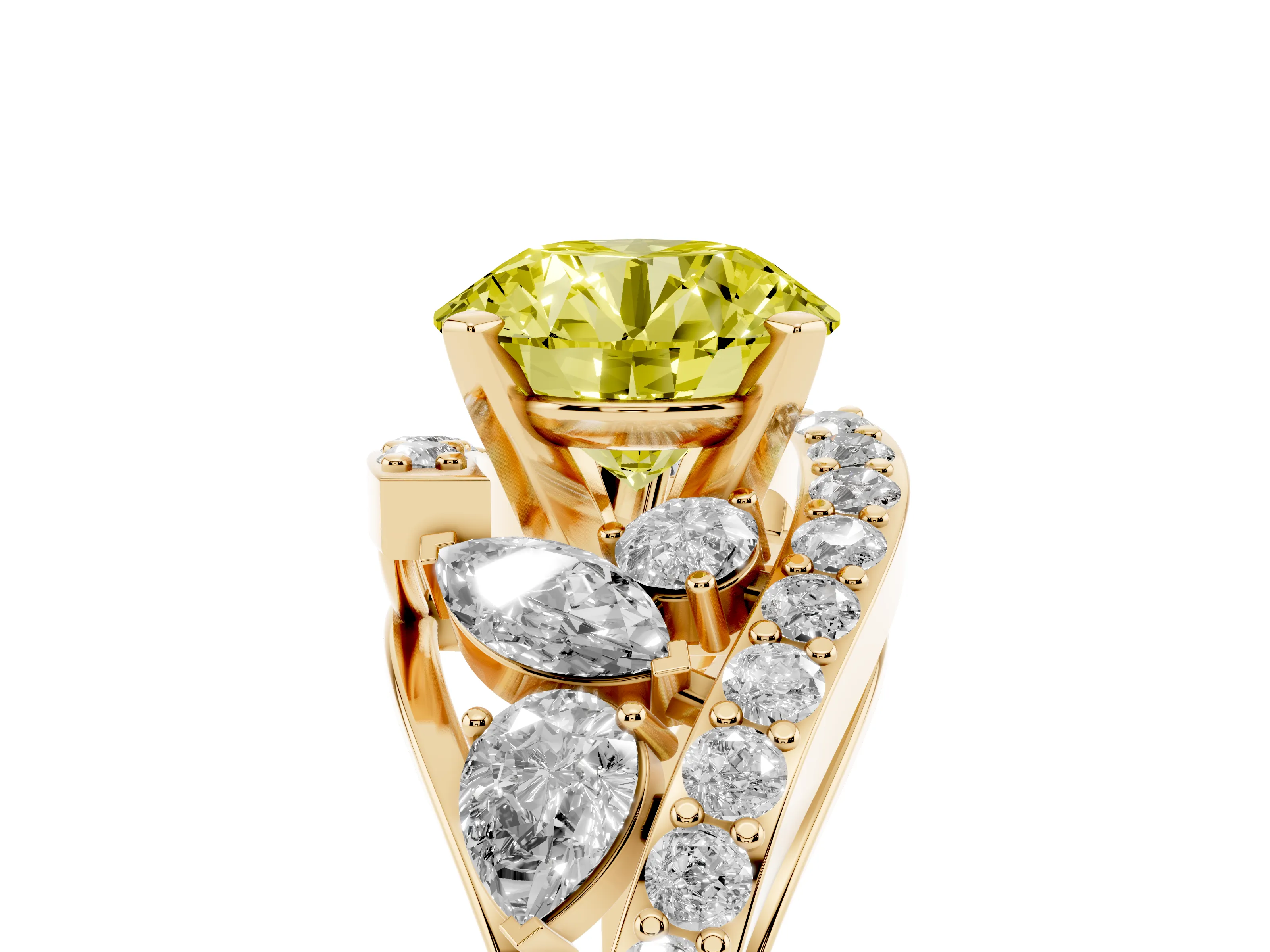 Fancy Yellow Round Cut Diamond Halo Ring Set in Yellow gold with Marquise and Pavé Band in Prong Setting