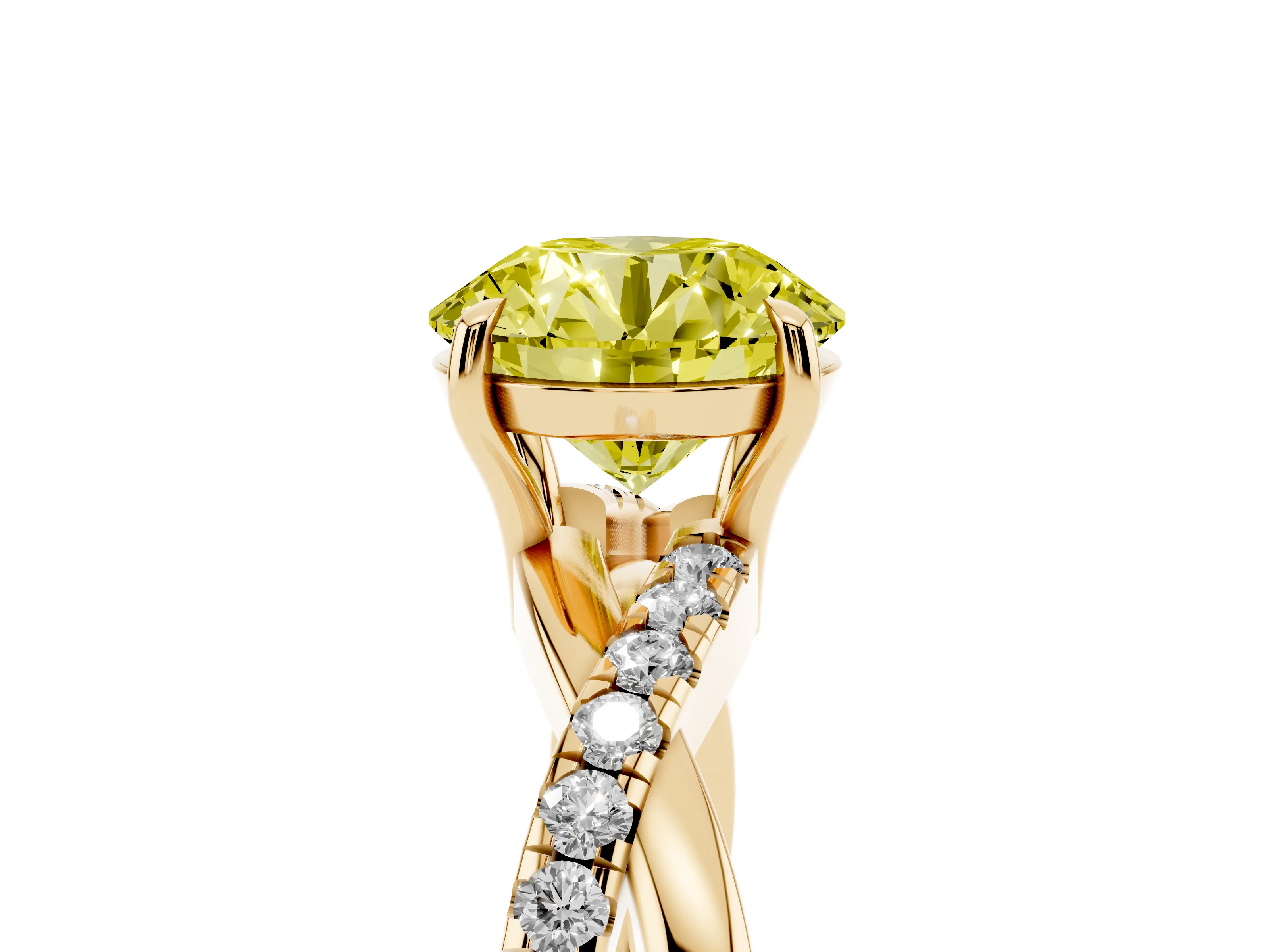 Fancy Yellow Round Cut Diamond Twisted Pavé Band Ring Set in Yellow gold with Prong Setting