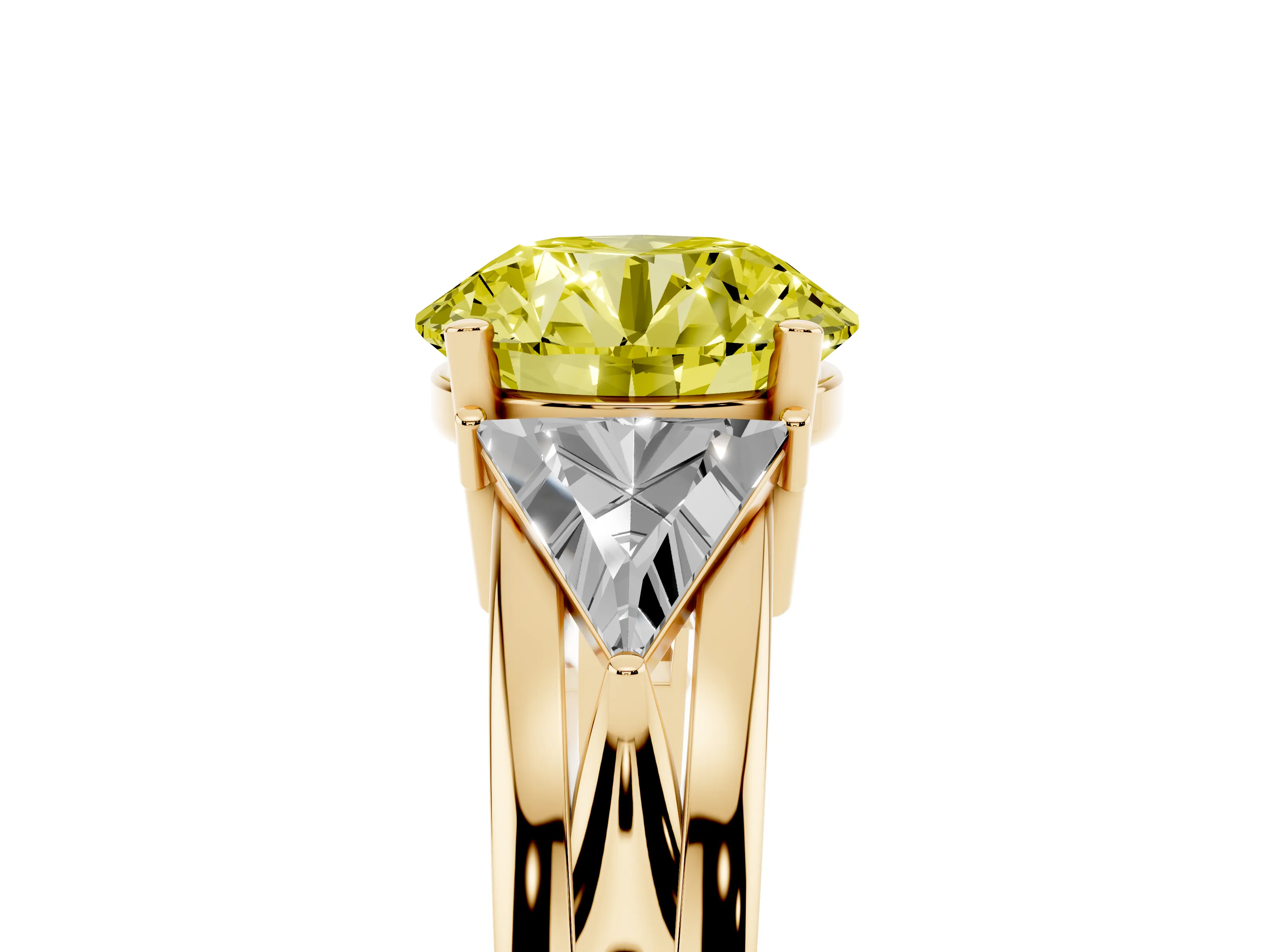 Fancy Yellow Round Cut Diamond Three-Stone Ring Set in Yellow gold with Trillion Side Stones and Split Shank
