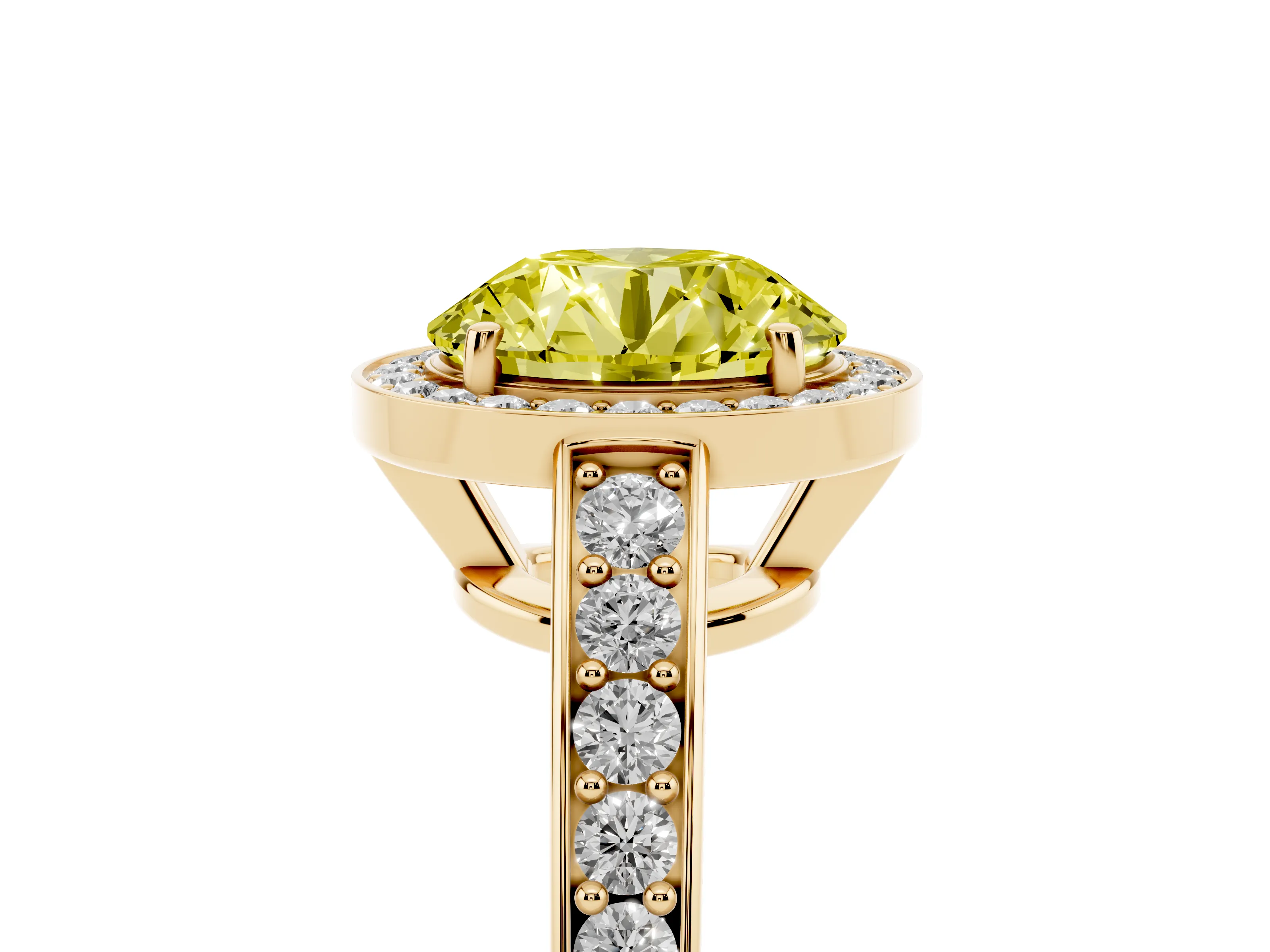Fancy Yellow Round Cut Diamond Halo Pavé Engagement Ring Set in Yellow gold with Bezel Setting