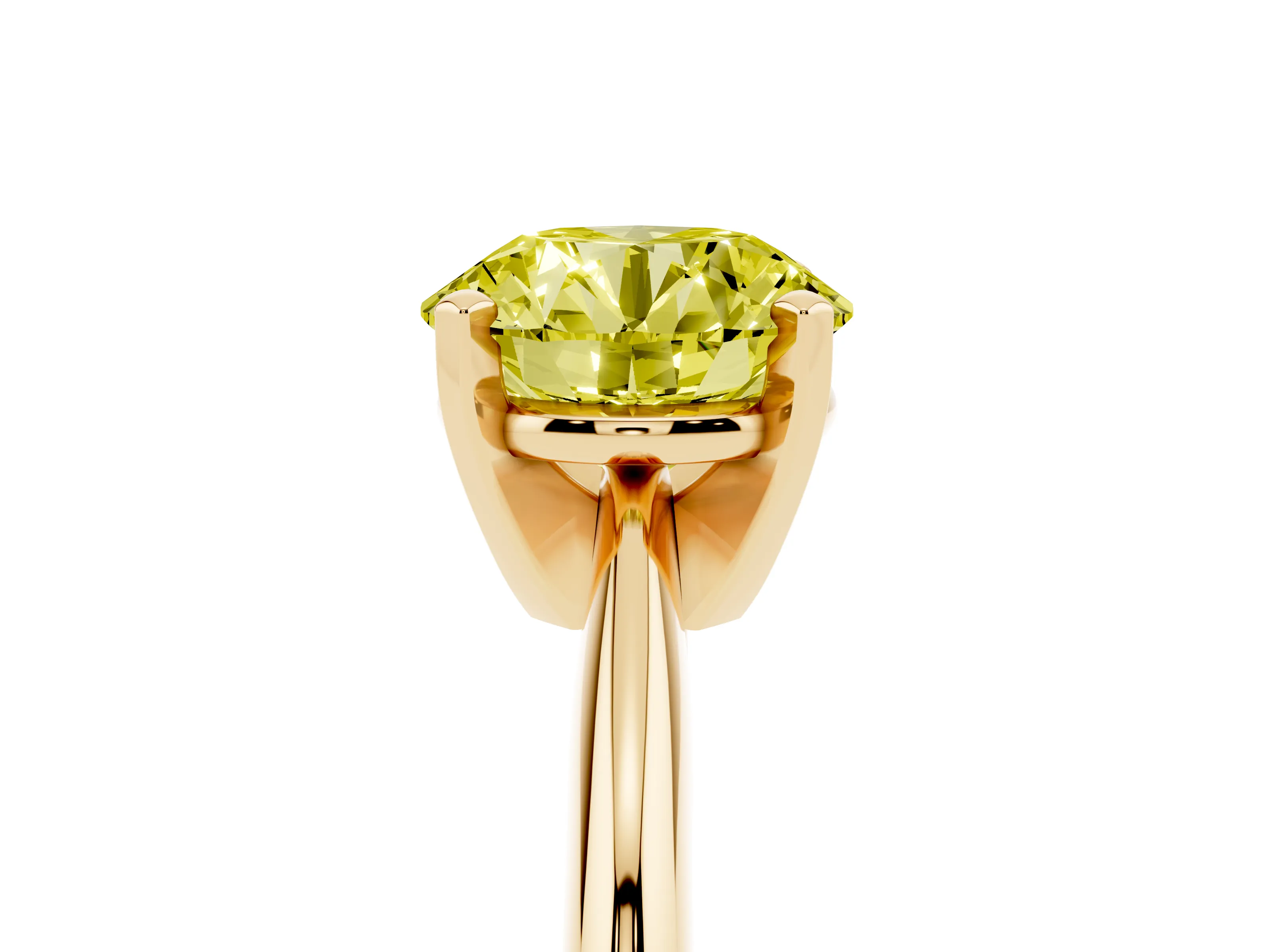 Fancy Yellow Round Cut Diamond Solitaire Ring Set in Yellow gold with Prong Setting on a Plain Round Band