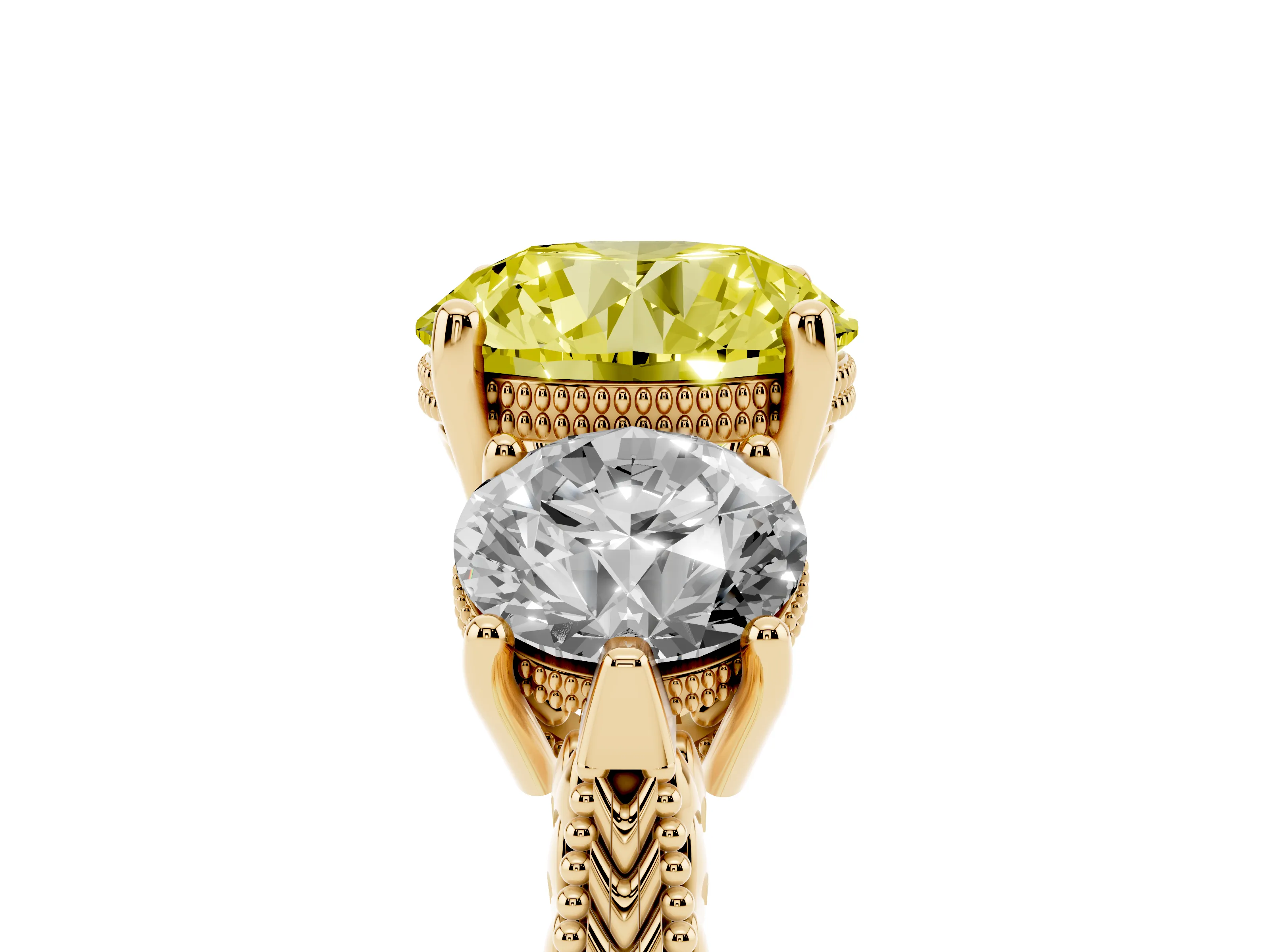 Fancy Yellow Round Cut Diamond Three-Stone Ring Set in Yellow gold with Milgrain Band