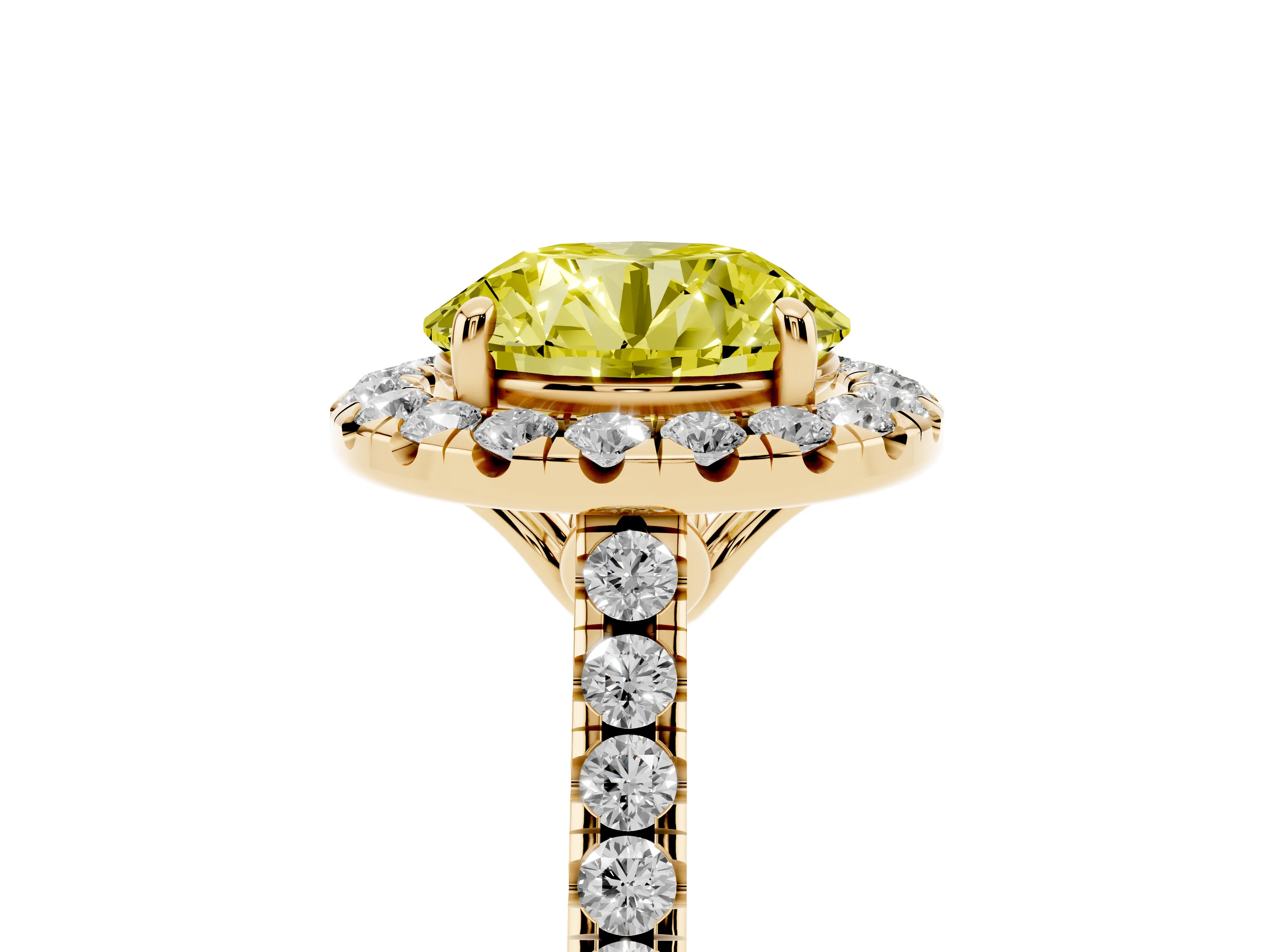 Fancy Yellow Round Cut Diamond Pavé Halo Engagement Ring Set in Yellow gold with Pavé Band and Prong Setting