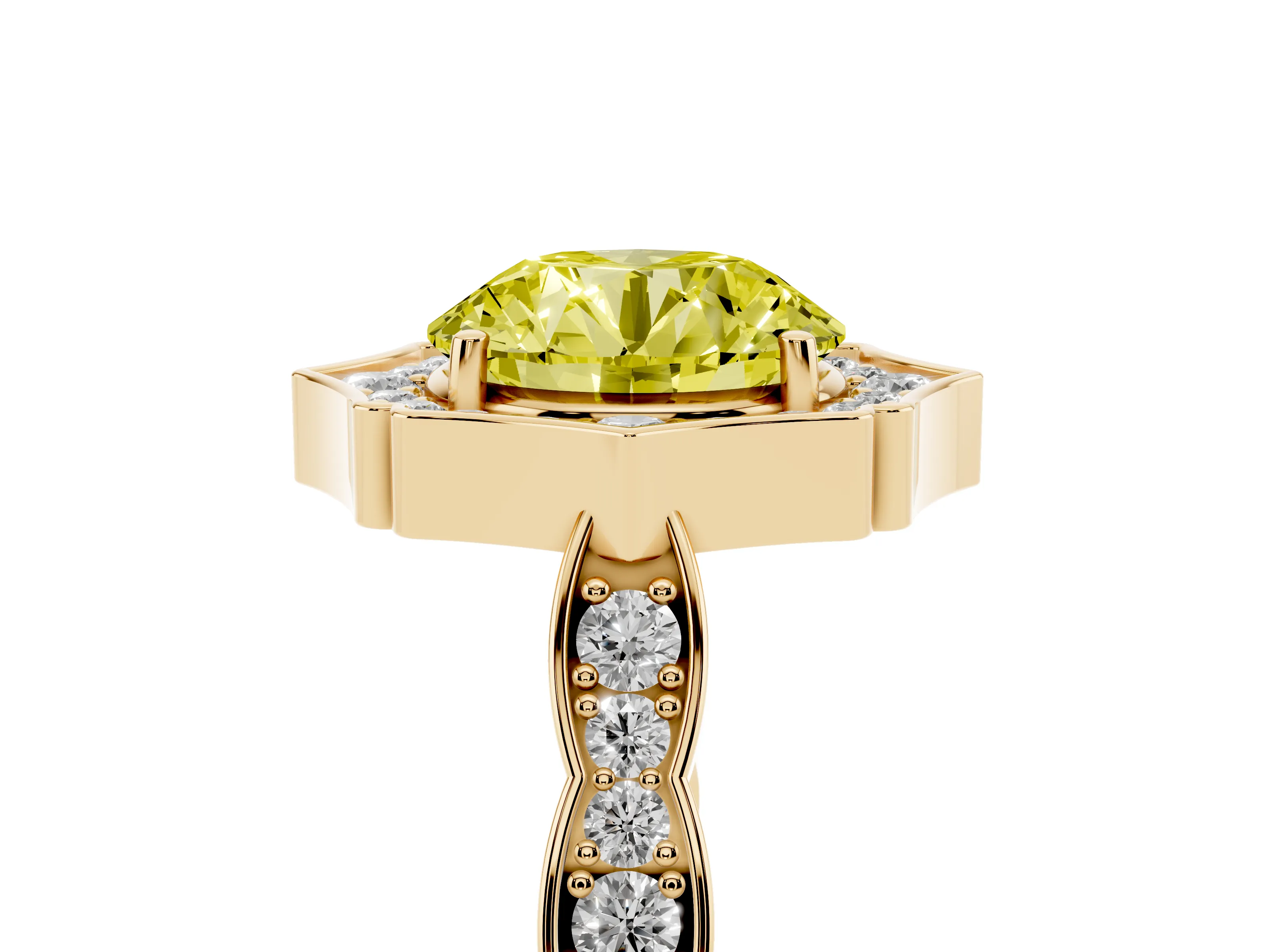 Fancy Yellow Round Cut Diamond Halo Engagement Ring Set in Yellow gold with Milgrain Band and Prong Setting