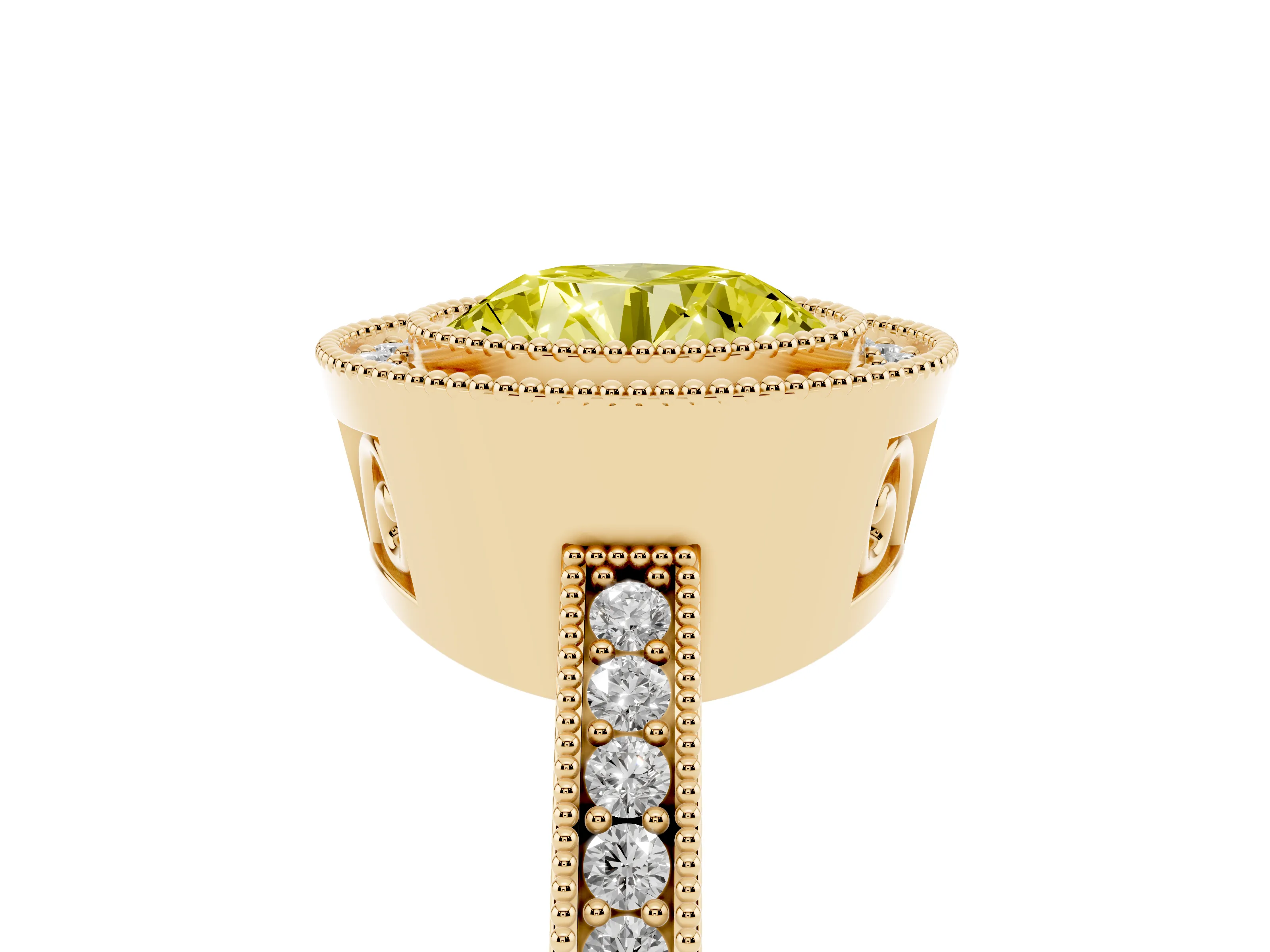 Fancy Yellow Round Cut Diamond Round Halo Ring Set in Yellow gold with Pavé Band