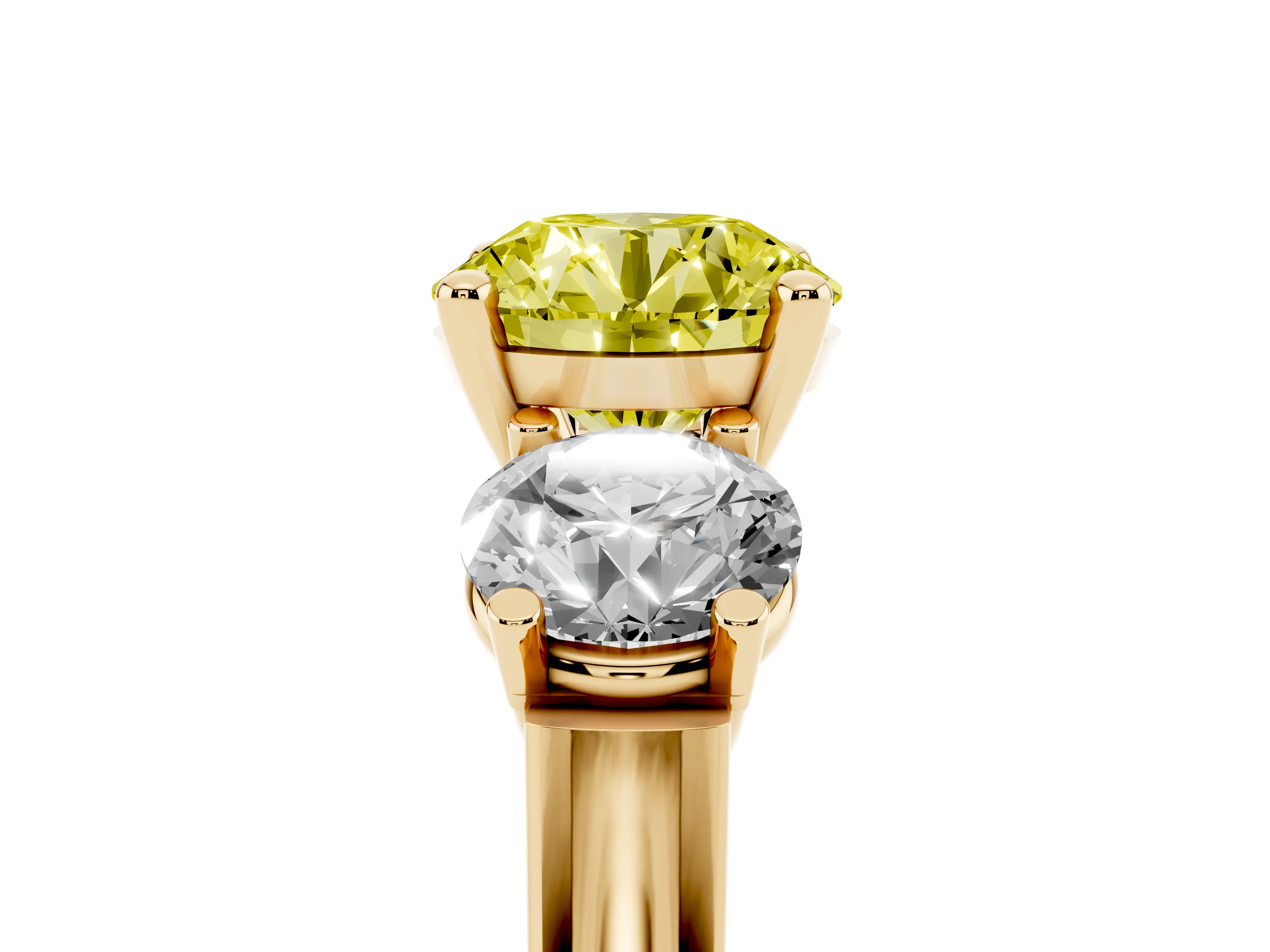 Fancy Yellow Round Cut Diamond Three-Stone Trellis Ring Set in Yellow gold with Comfort Fit Band