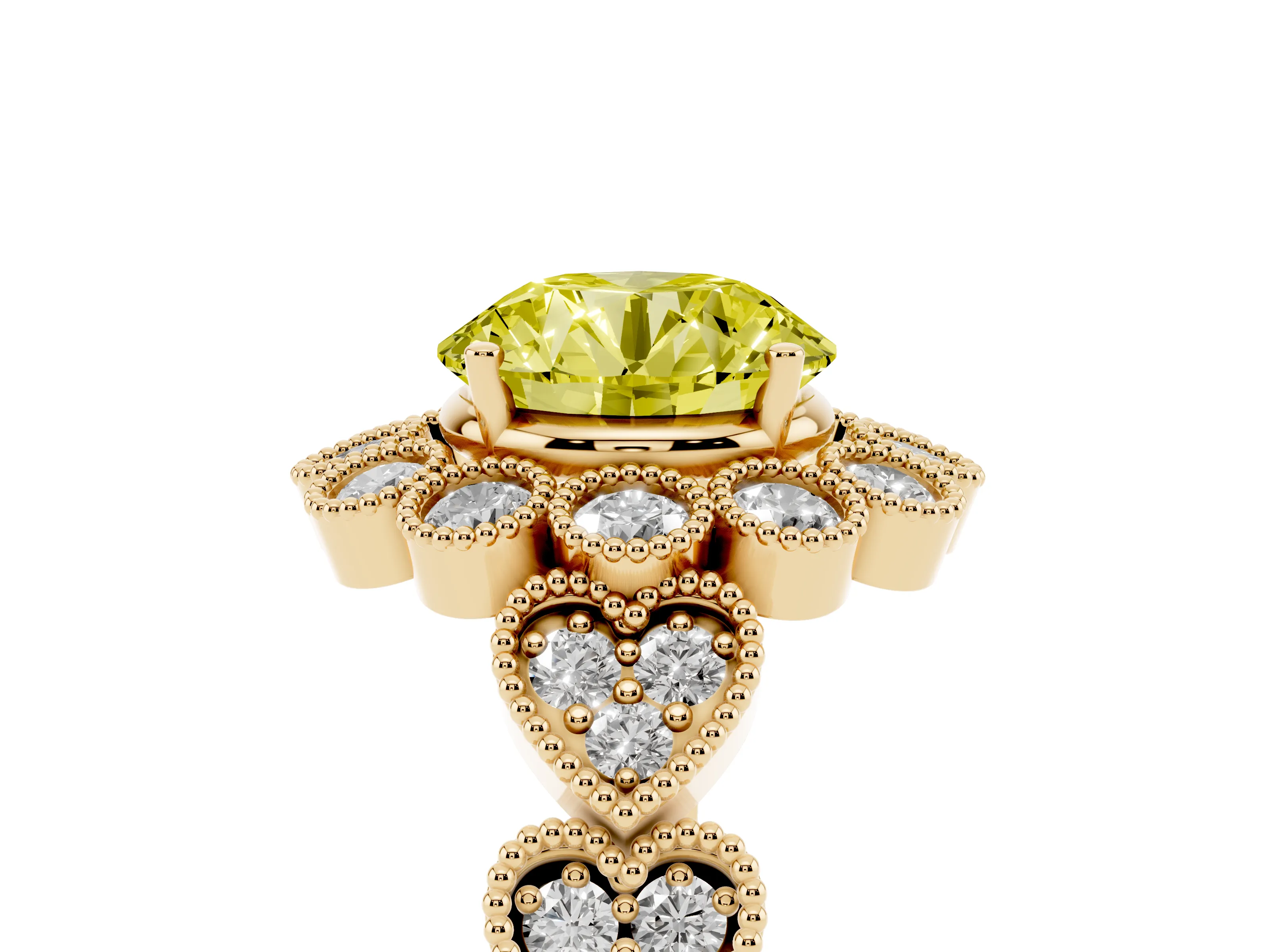Fancy Yellow Round Cut Diamond Solitaire Ring Set in Yellow gold with Milgrain Pavé Heart Band