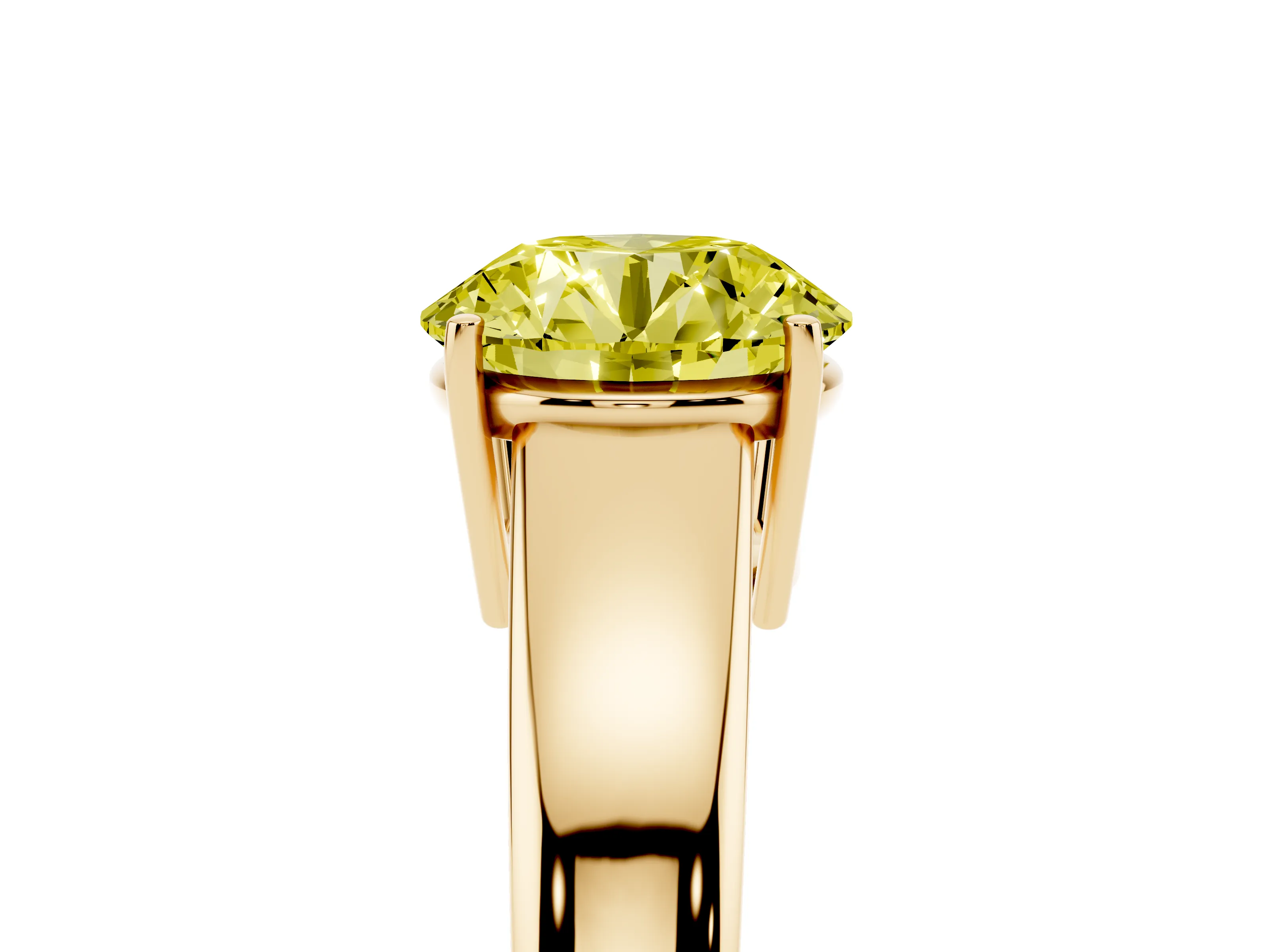 Fancy Yellow Round Cut Diamond Solitaire Ring Set in Yellow gold with Tapered Band and Prong Setting