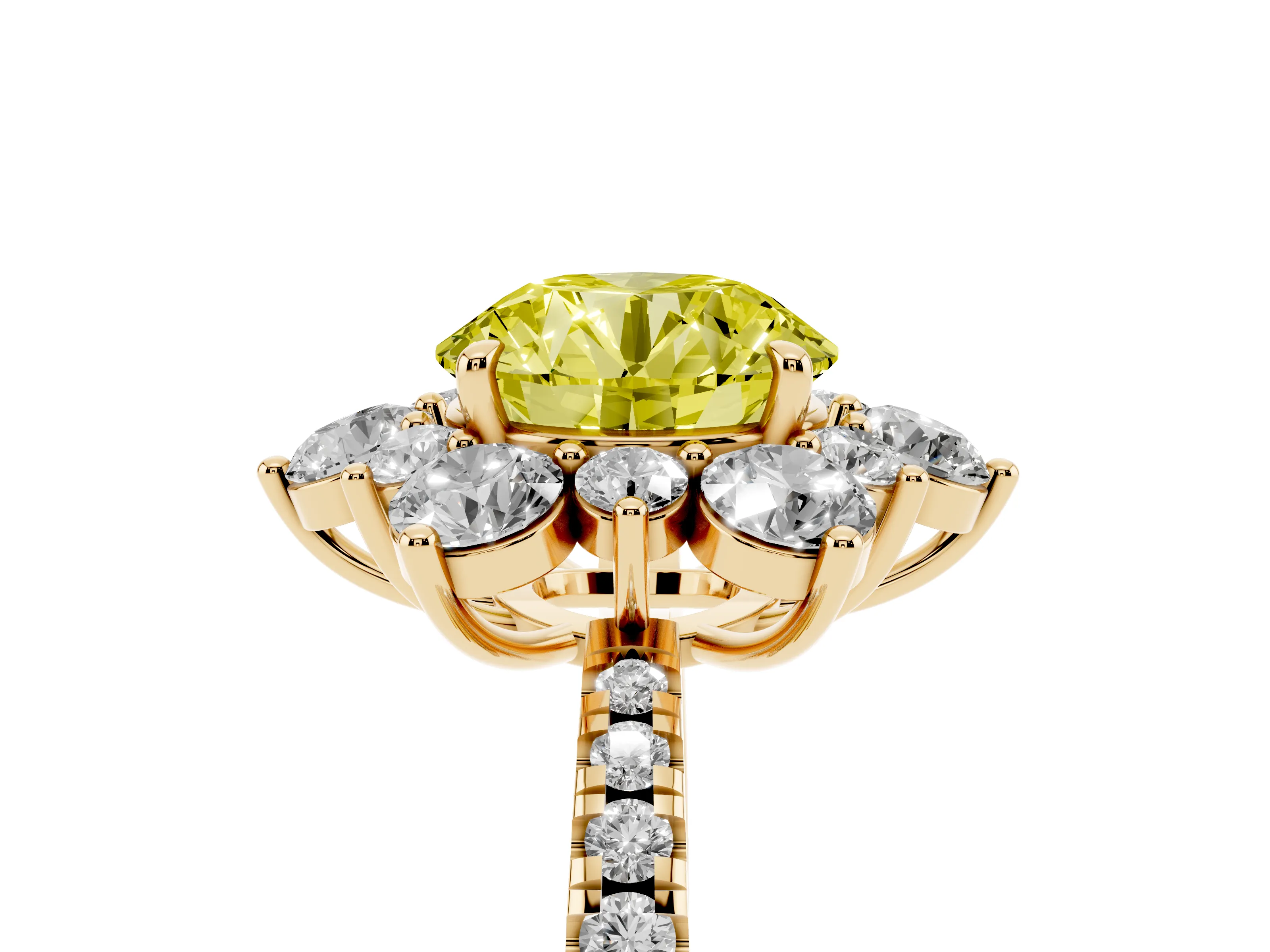 Fancy Yellow Round Cut Diamond Floral Halo Ring Set in Yellow gold with Round Pavé Band and Prong Setting