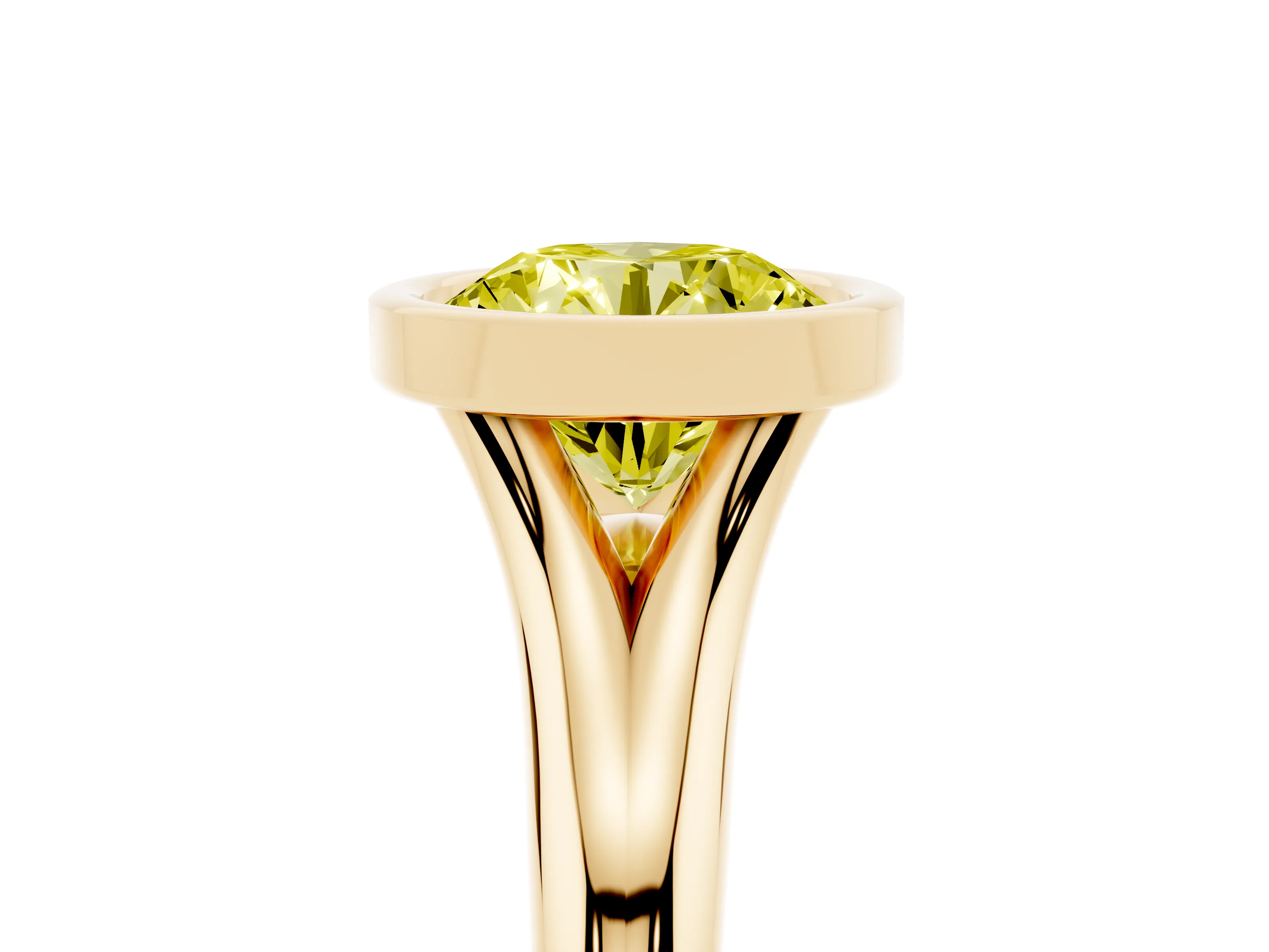 Fancy Yellow Bezel Set Round Cut Diamond Solitaire Ring Set in Yellow gold with Smooth Band