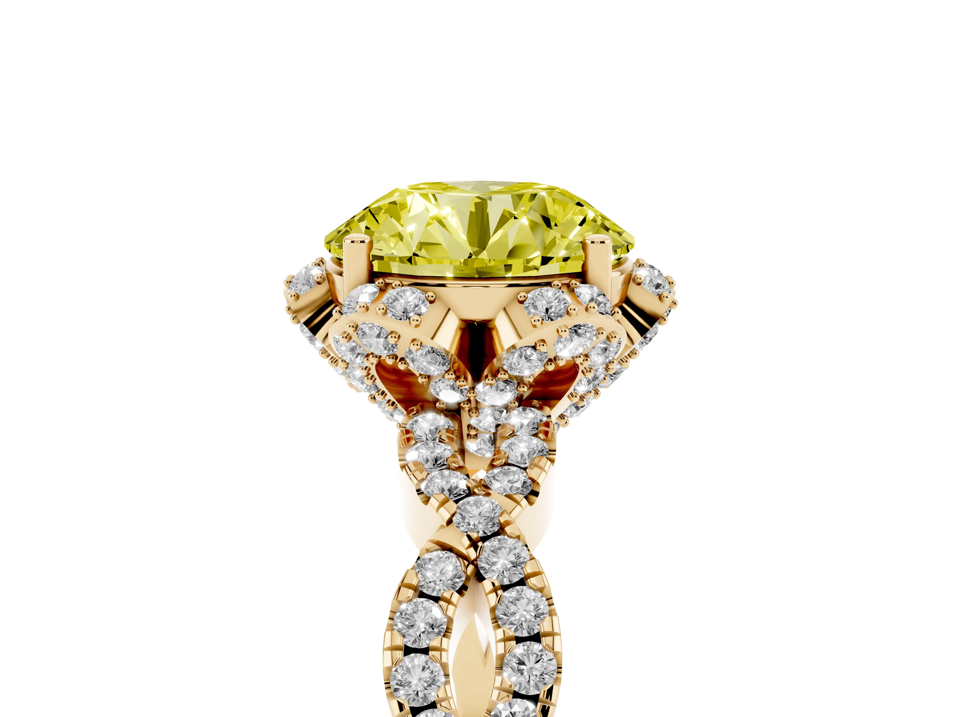 Fancy Yellow Round Cut Diamond Halo Twist Band Solitaire Ring Set in Yellow gold with Prong-Set Center Stone