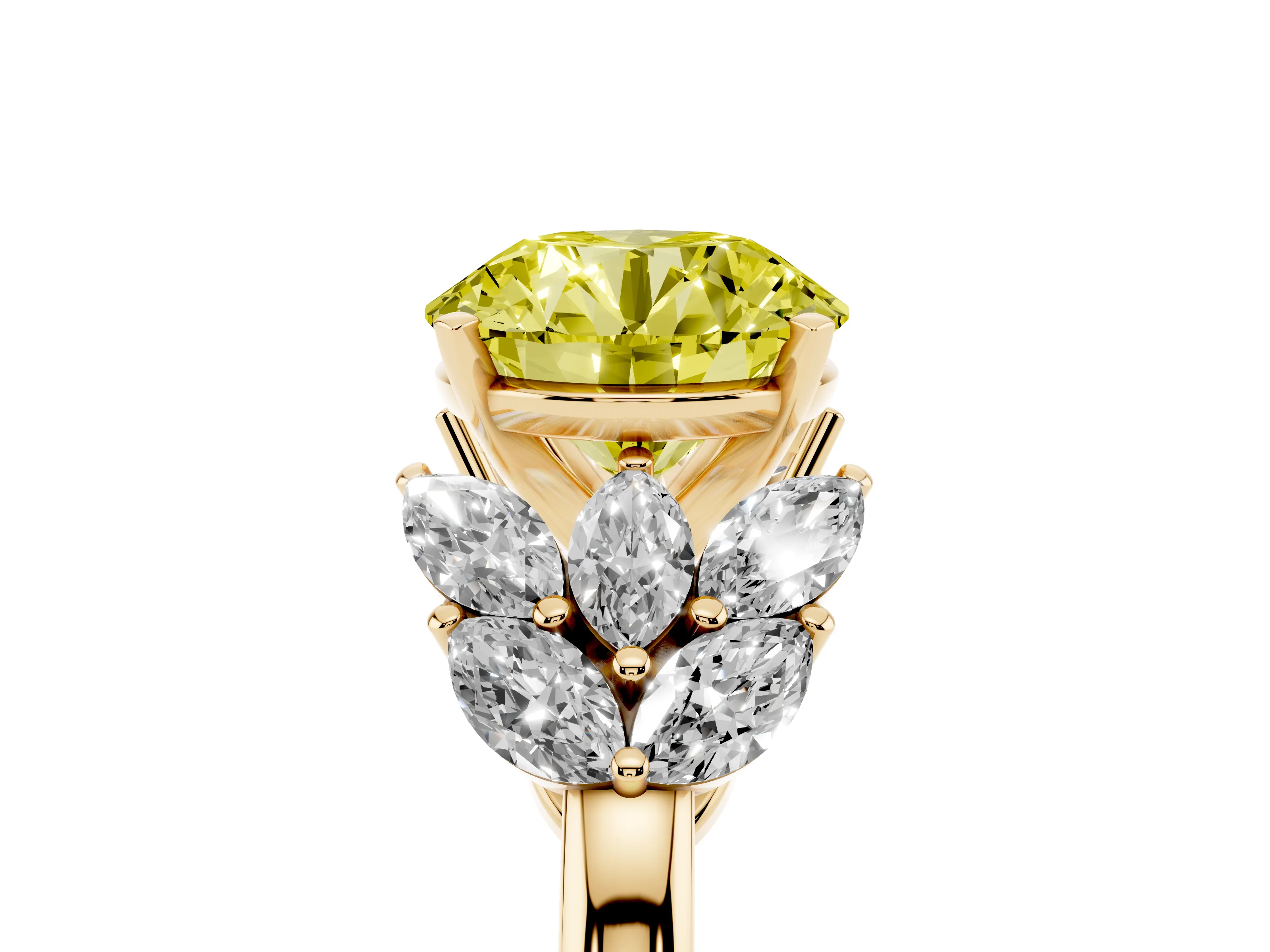 Fancy Yellow Round Cut Diamond Cluster Leaf Design Ring Set in Yellow gold with Prong Setting