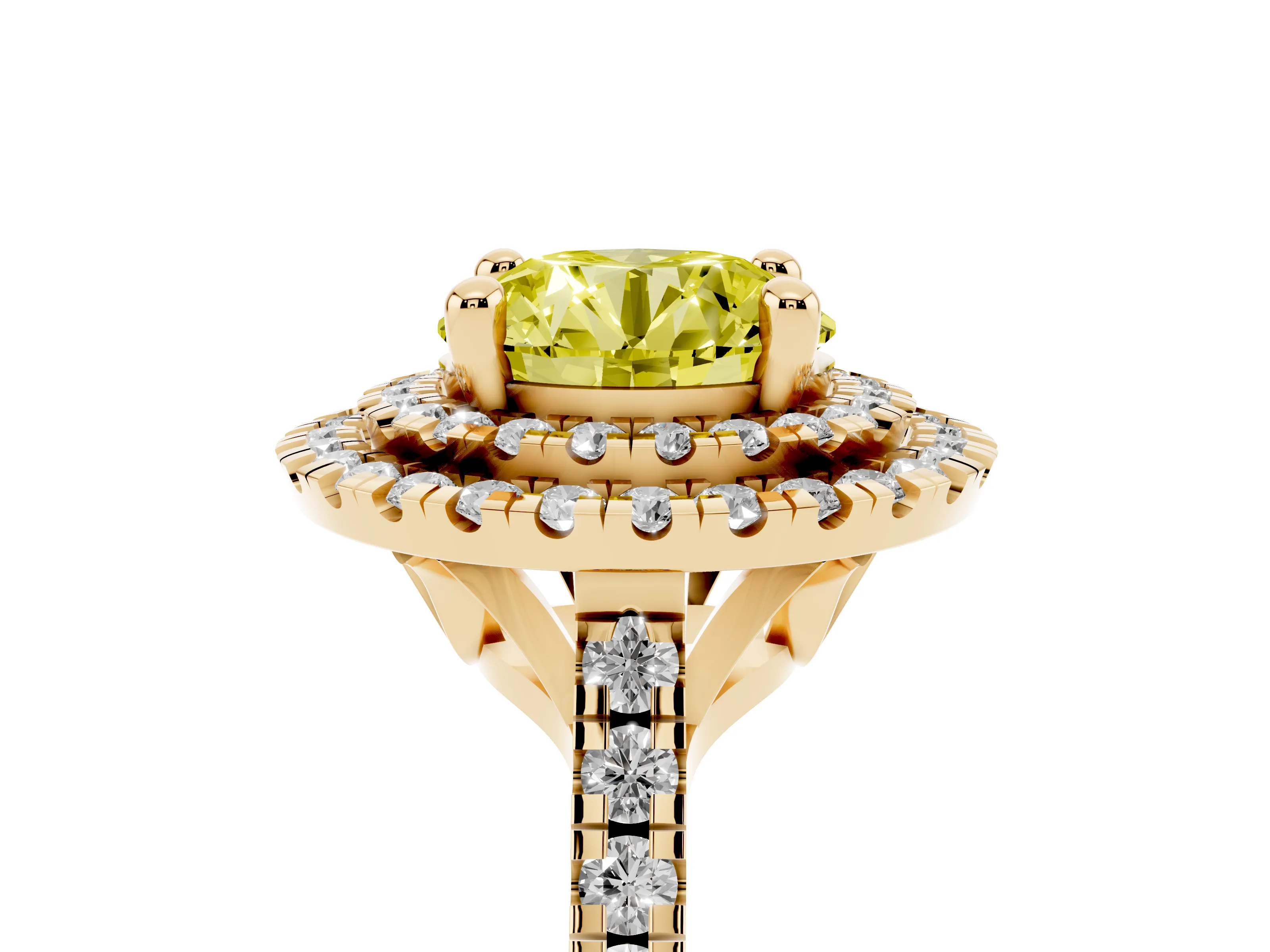 Fancy Yellow Round Cut Diamond Double Halo Statement Ring Set in Yellow gold with Pavé Band