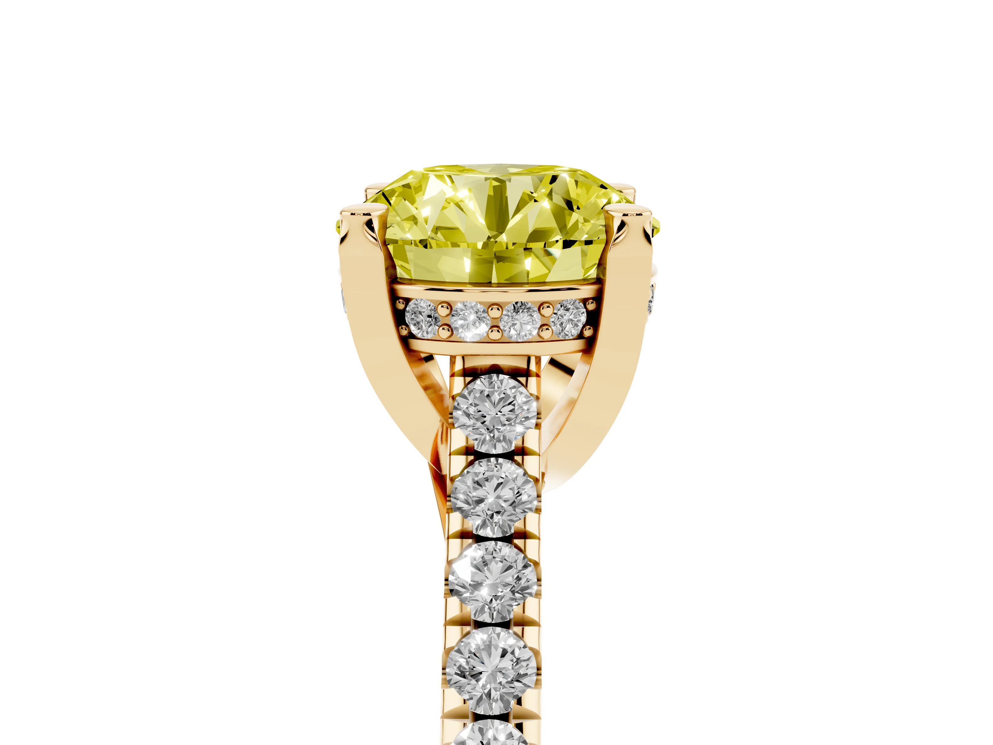 Fancy Yellow Round Cut Diamond Solitaire Ring Set in Yellow gold with Brilliant Pavé Band and Prong Setting