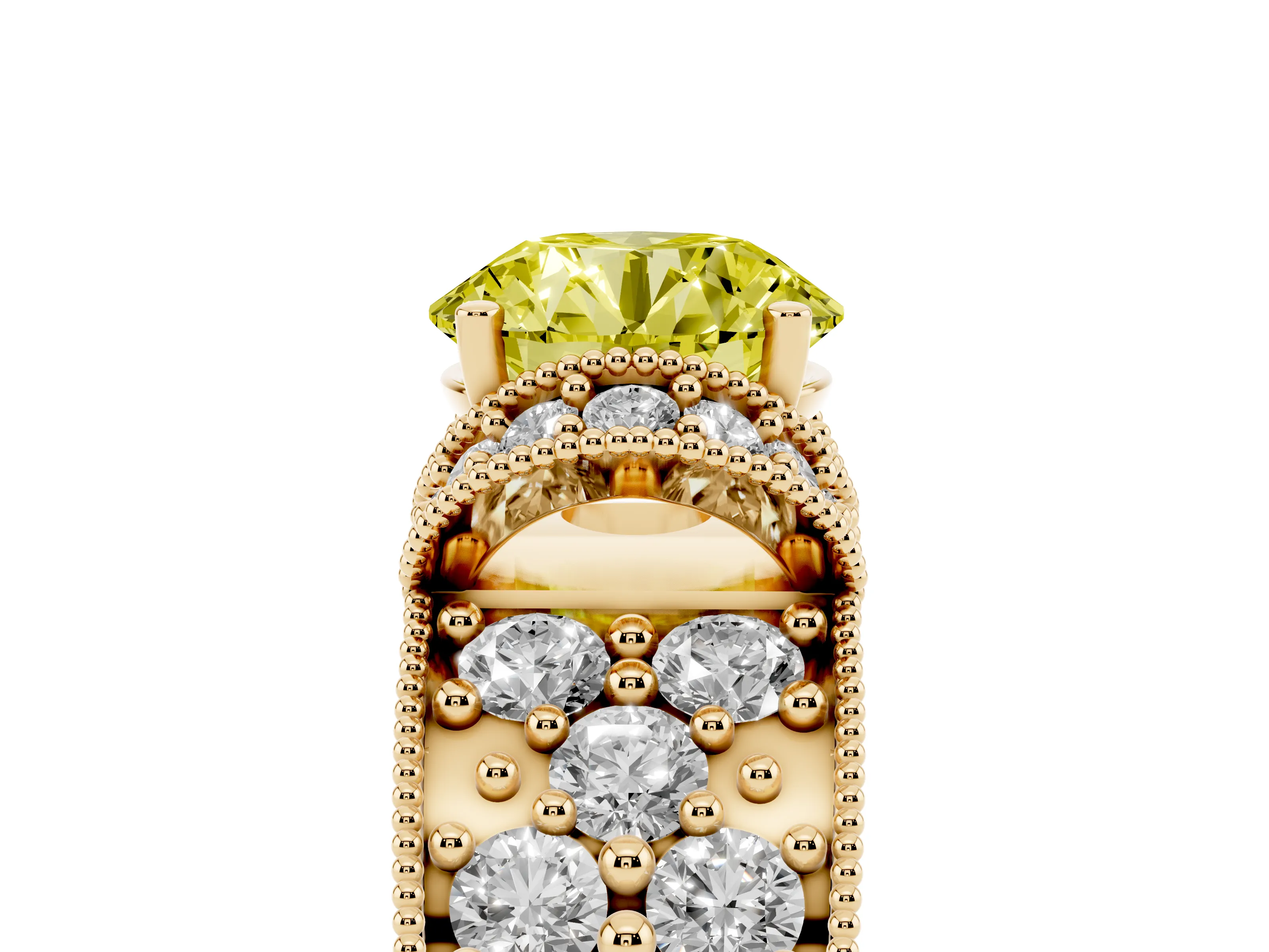 Fancy Yellow Round Cut Diamond Milgrain Halo Pavé Engagement Ring Set in Yellow gold with Prong Setting
