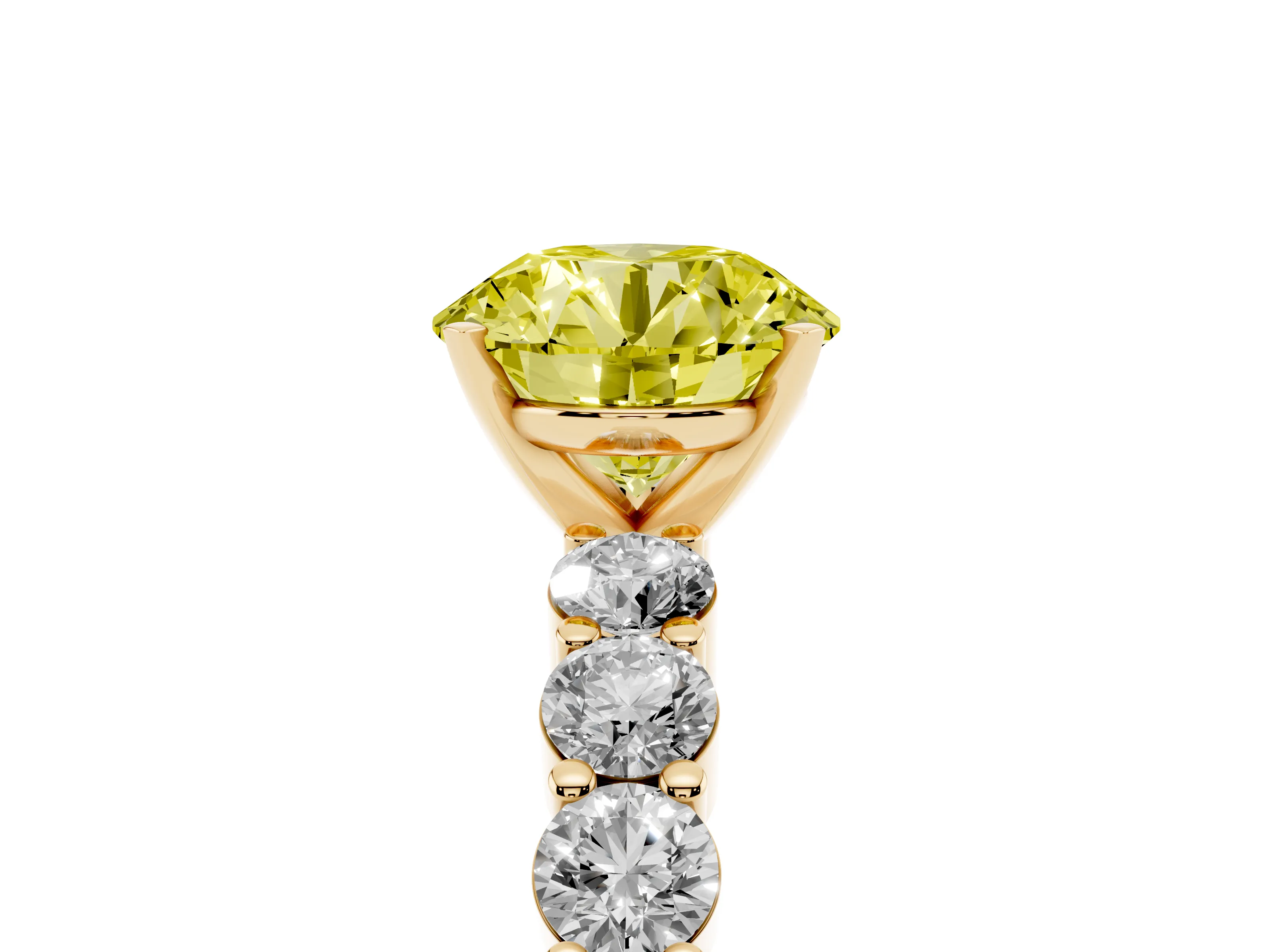 Fancy Yellow Round Cut Diamond Solitaire Ring Set in Yellow gold with Shared Prong Round Side Stones