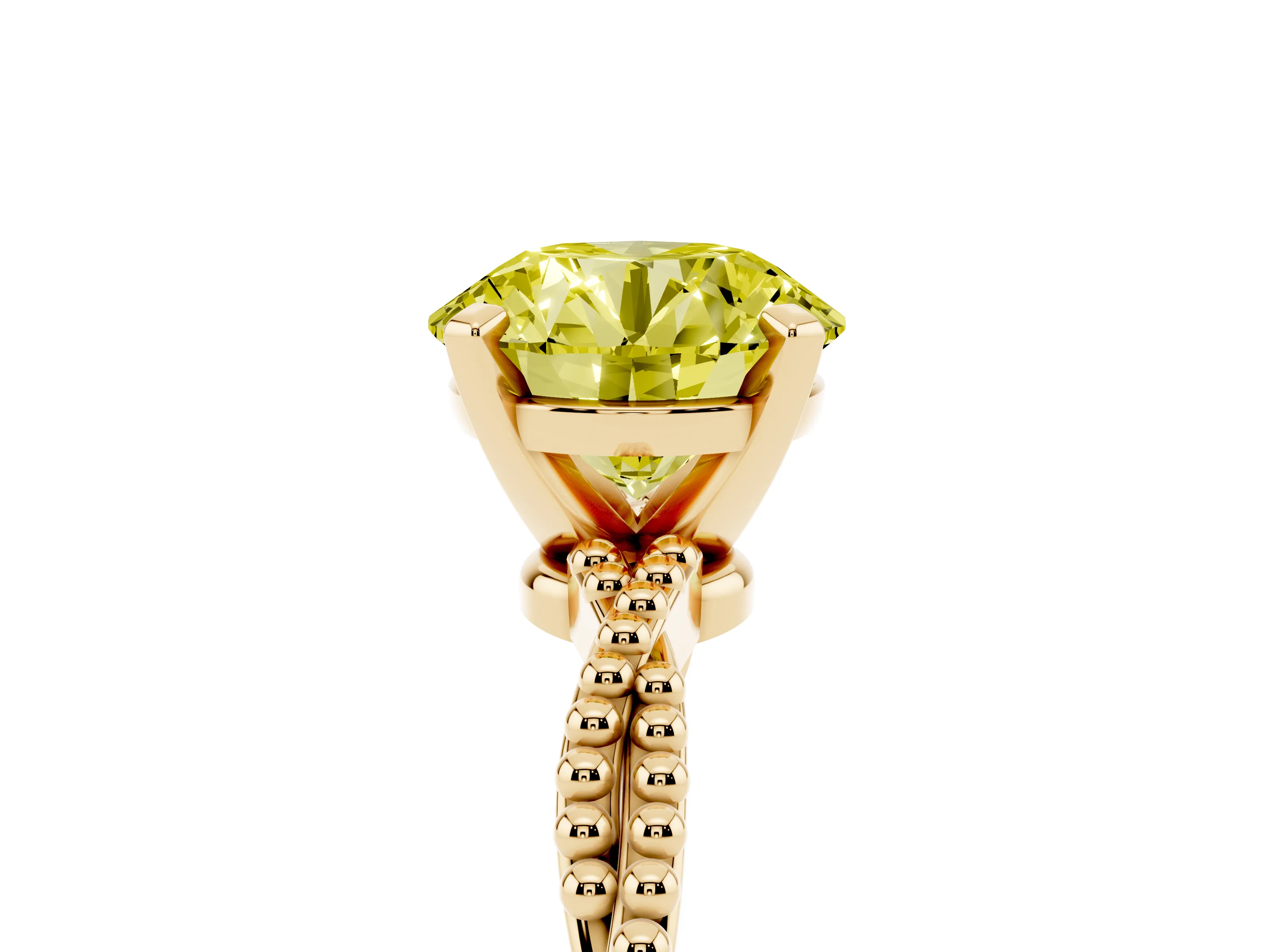 Fancy Yellow Round Cut Diamond Solitaire Ring Set in Yellow gold with Twisted Band and Bead Prong Setting