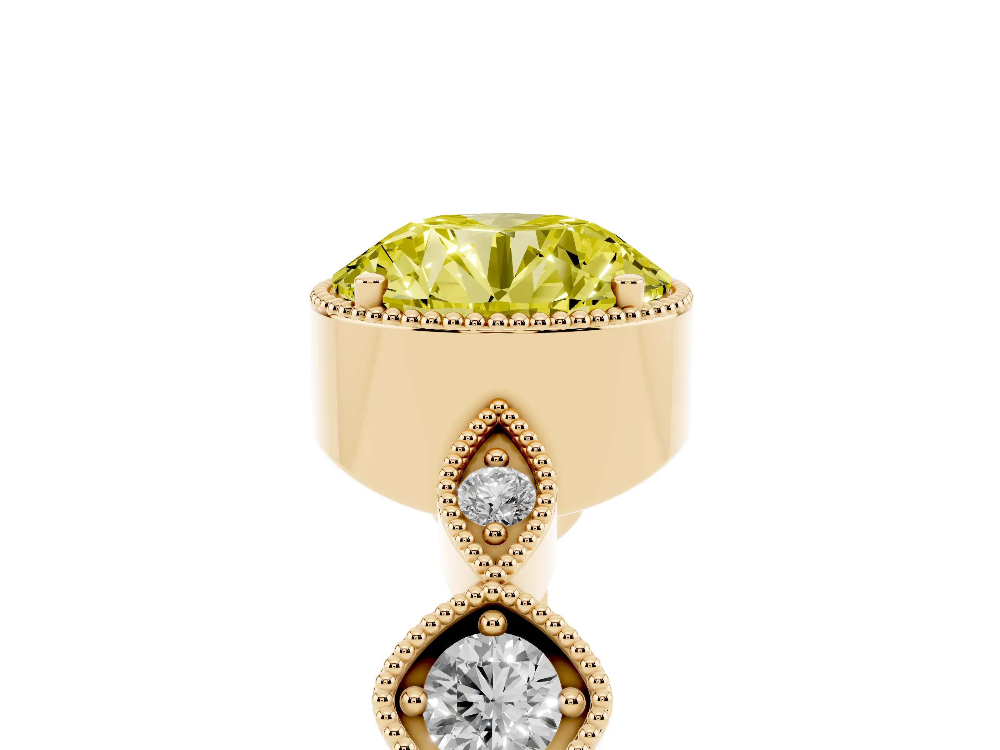 Fancy Yellow Round Cut Diamond Vintage-Inspired Milgrain Ring Set in Yellow gold with Marquise Stations of Round Accents