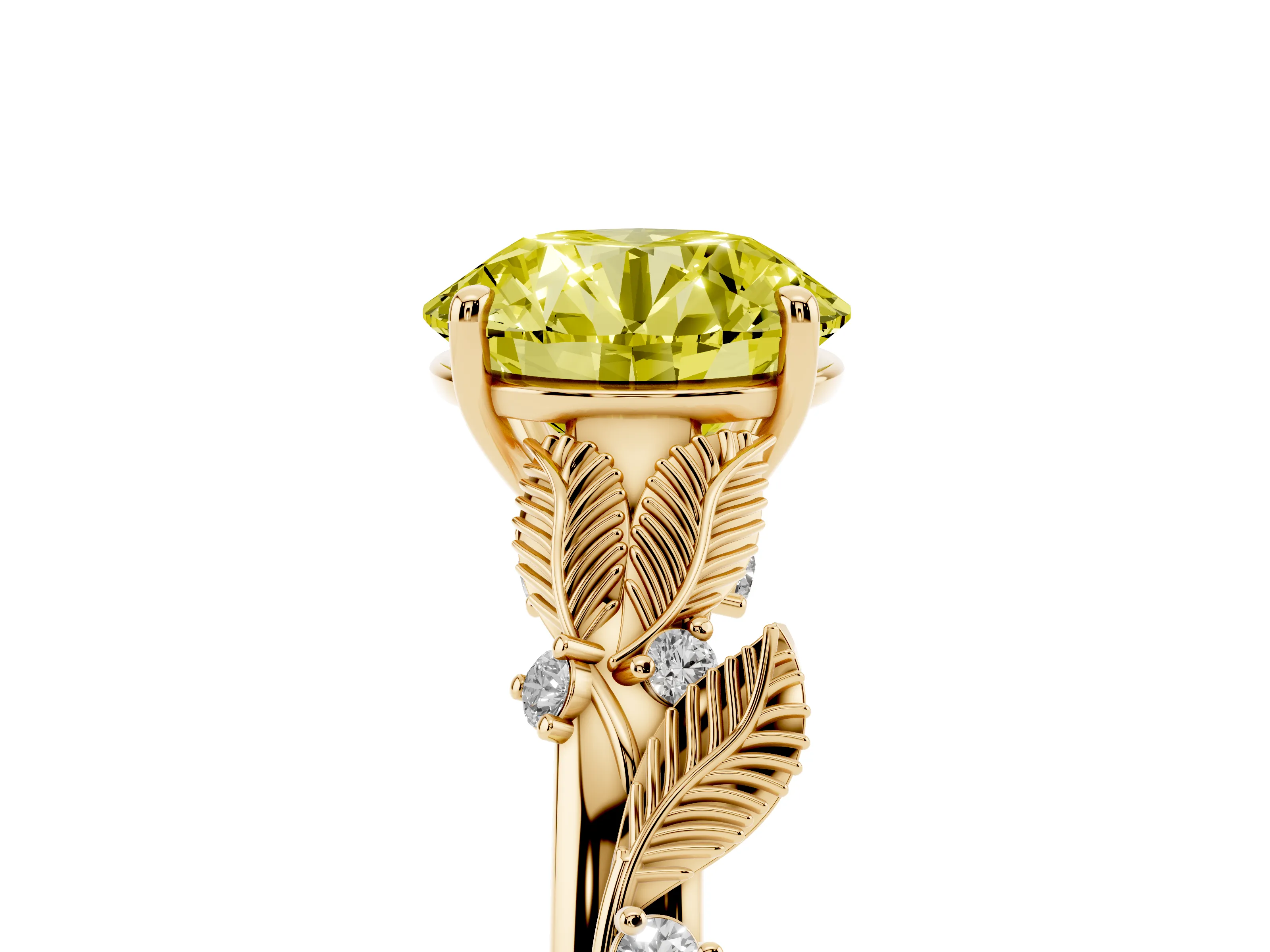 Fancy Yellow Round Cut Diamond Solitaire Ring Set in Yellow gold with Leaf Motif Band