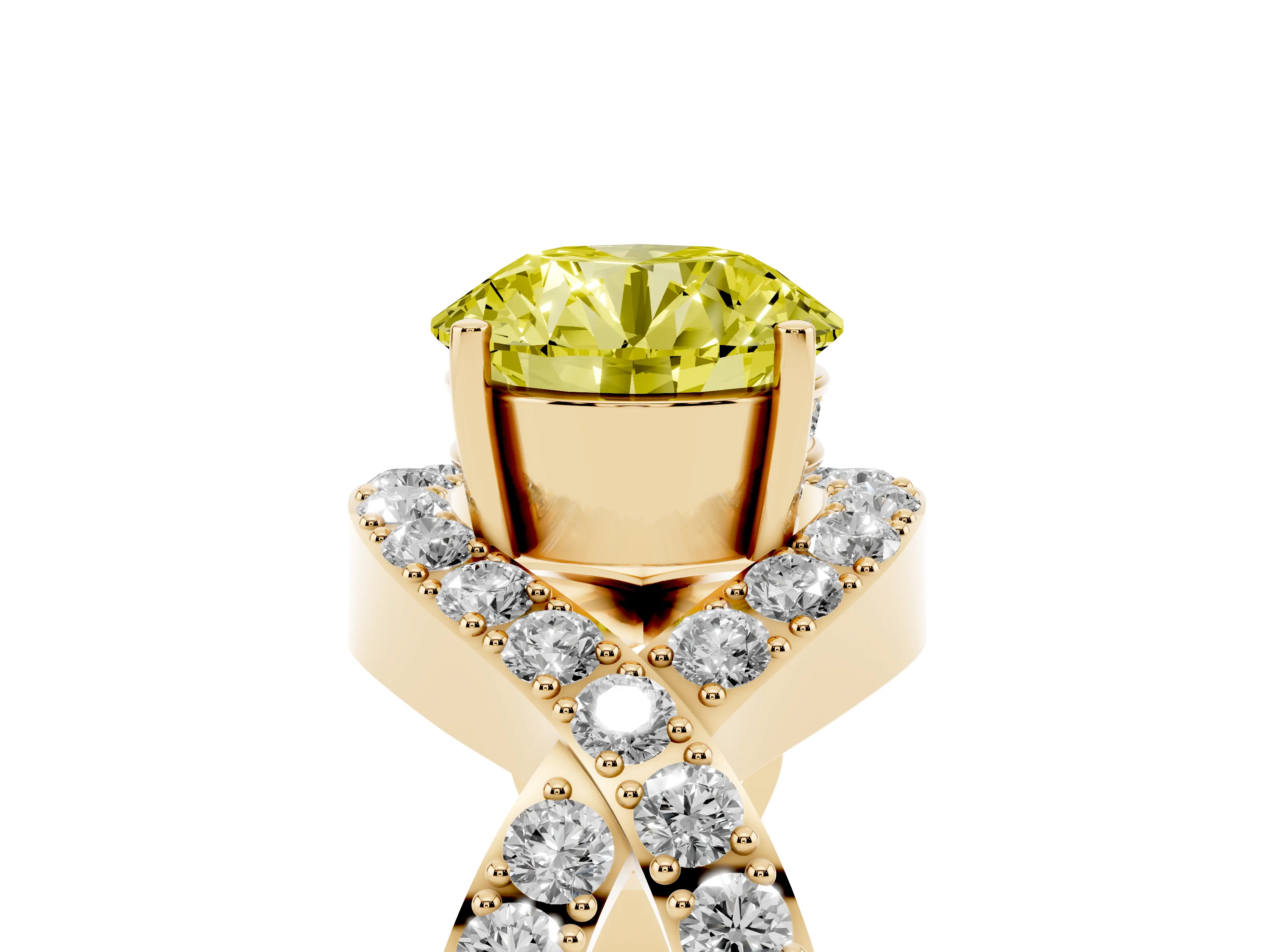 Fancy Yellow Round Cut Diamond Solitaire Twist Band Pavé Engagement Ring Set in Yellow gold