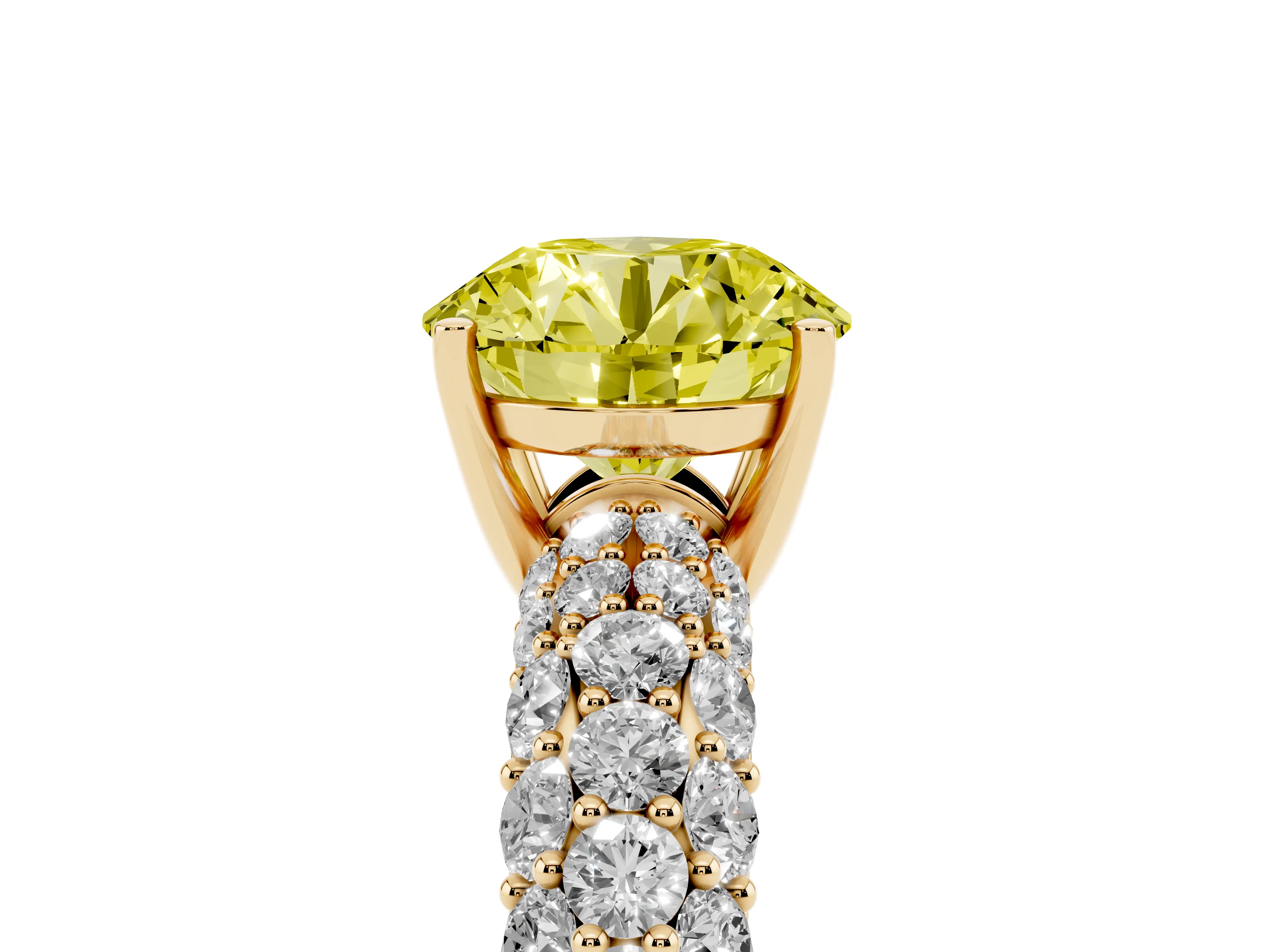 Fancy Yellow Round Cut Diamond Pavé Band Solitaire Ring Set in Yellow gold with Close-Set Accent Stones and Prong Setting