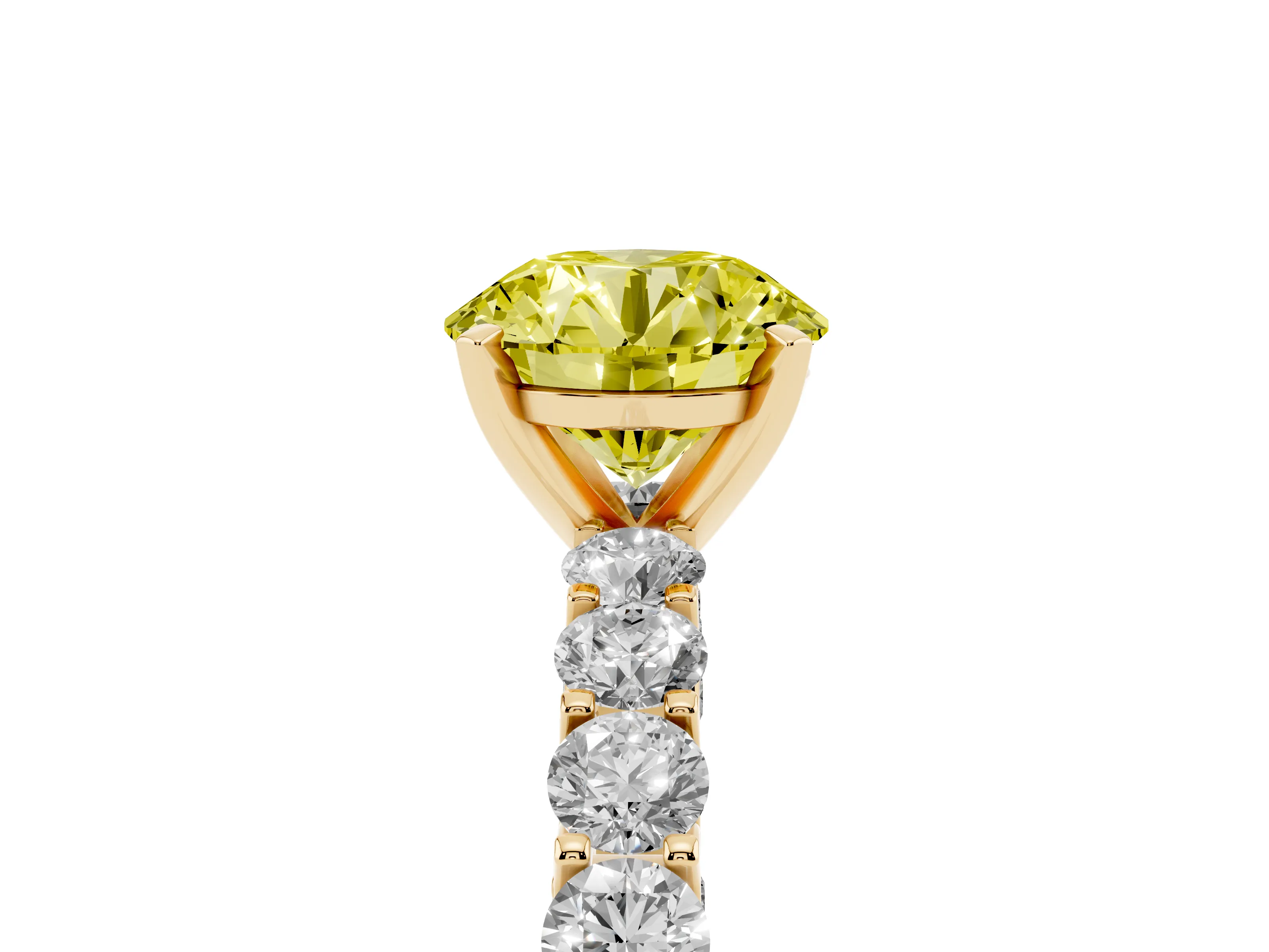 Fancy Yellow Round Cut Diamond Solitaire Ring Set in Yellow gold with Shared Prong Pavé Band
