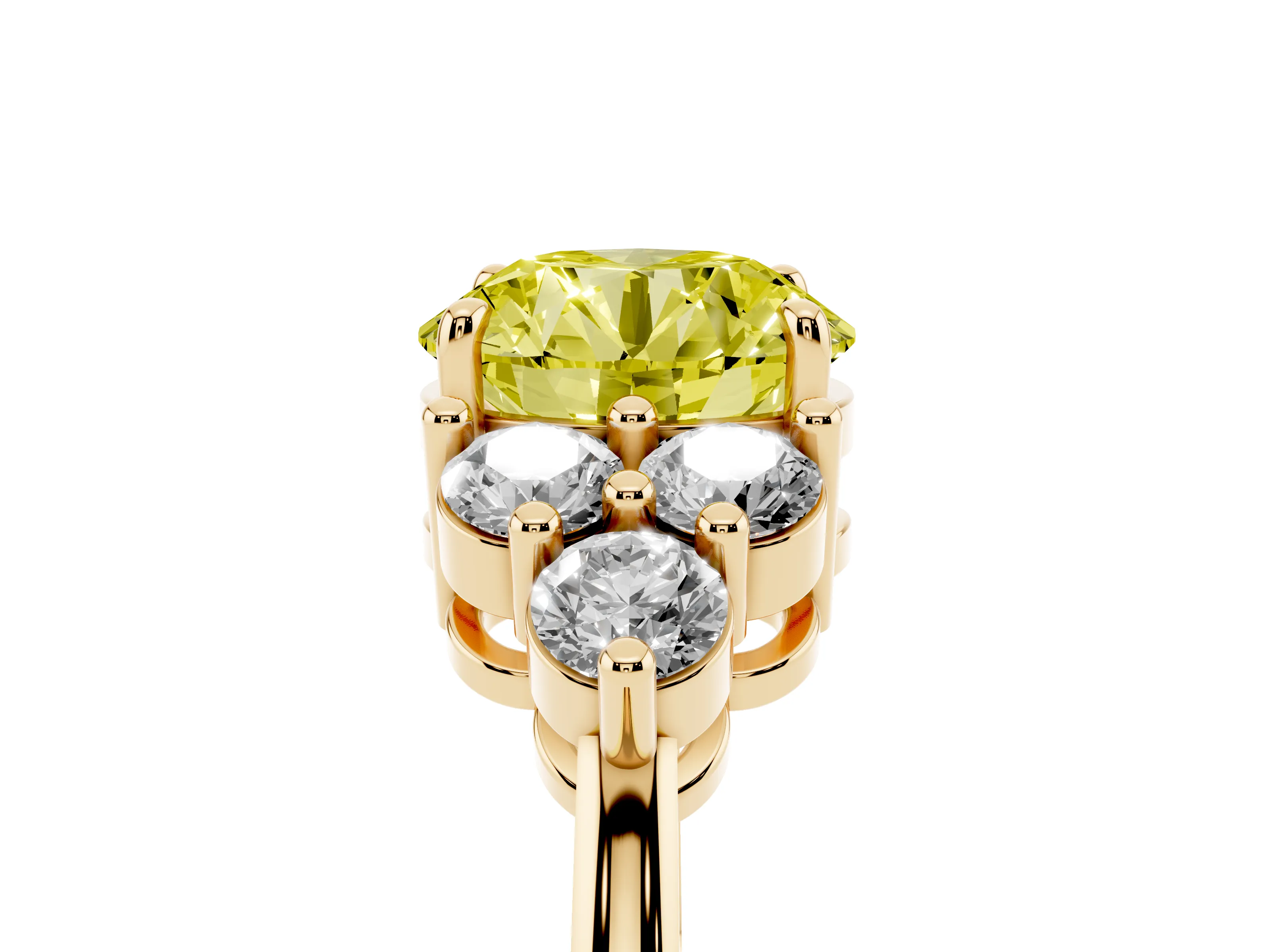 Fancy Yellow Round Cut Diamond Solitaire Ring Set in Yellow gold with Cluster Accents on Each Side