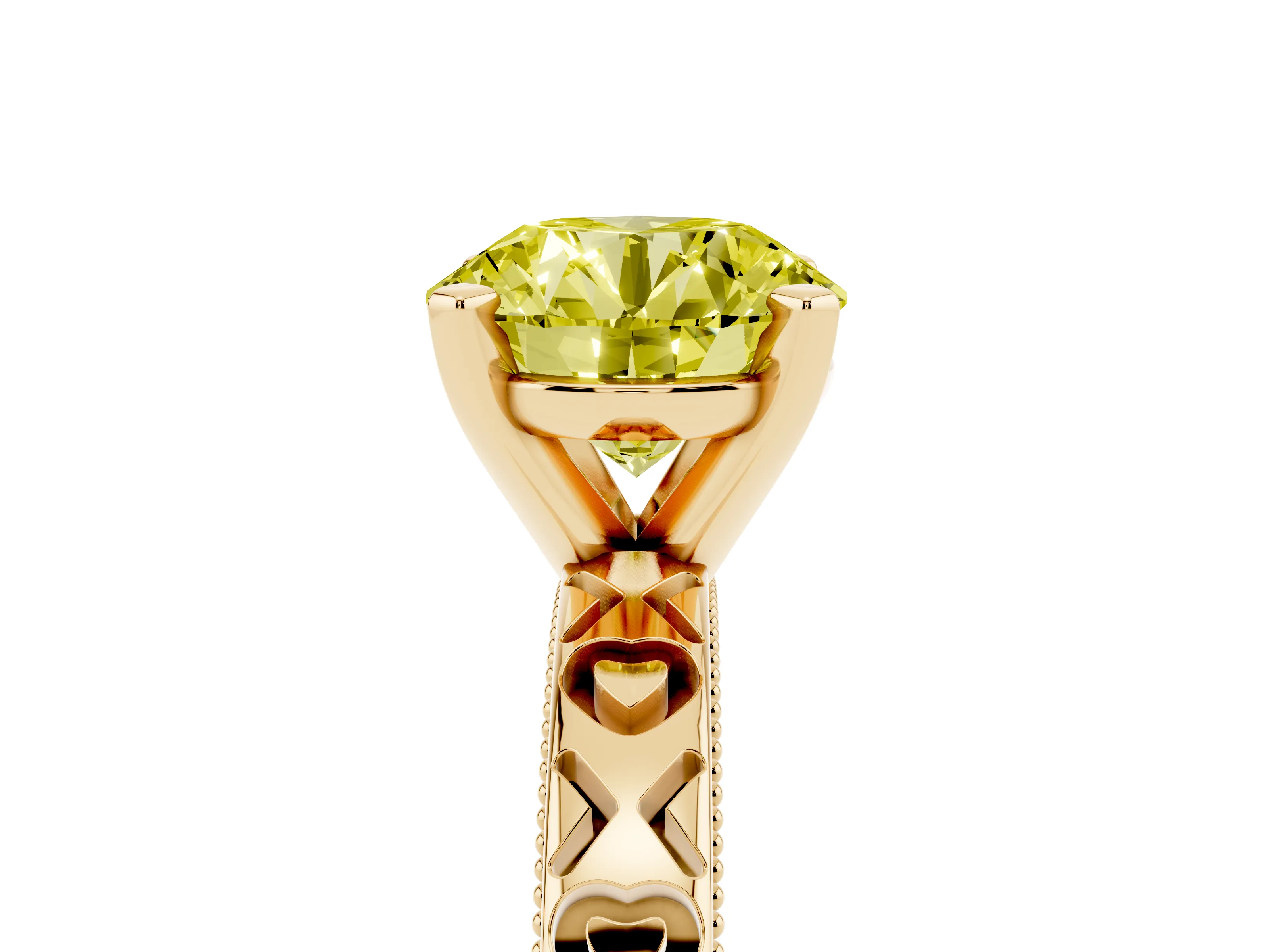 Fancy Yellow Round Cut Diamond Solitaire Engagement Ring Set in Yellow gold with XO Engraved Band and Prong Setting