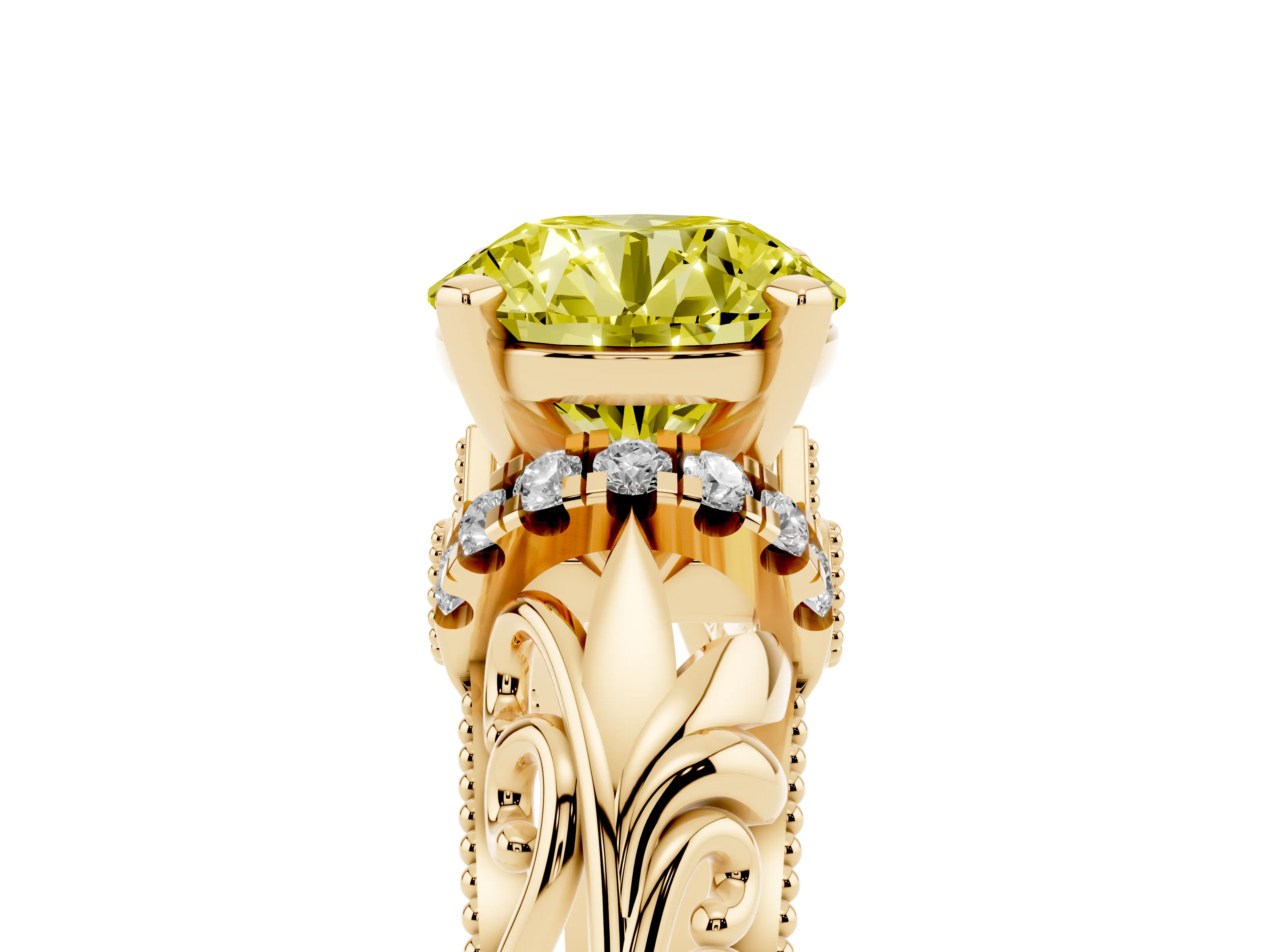 Fancy Yellow Round Cut Diamond Filigree Halo Engagement Ring Set in Yellow gold with Prong Setting