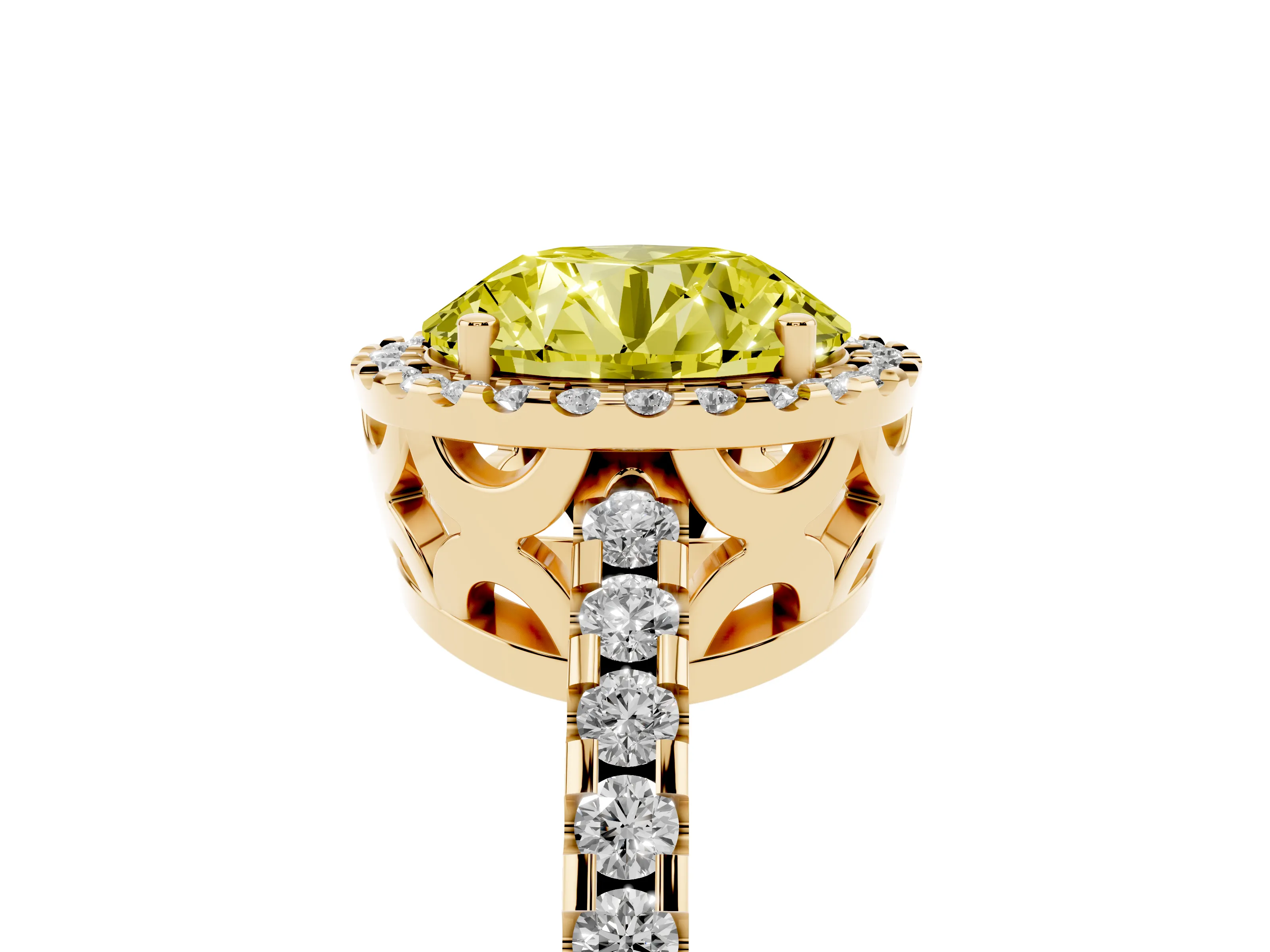 Fancy Yellow Round Cut Diamond Halo Ring Set in Yellow gold with Pavé Shoulders and Halo-Framed Center