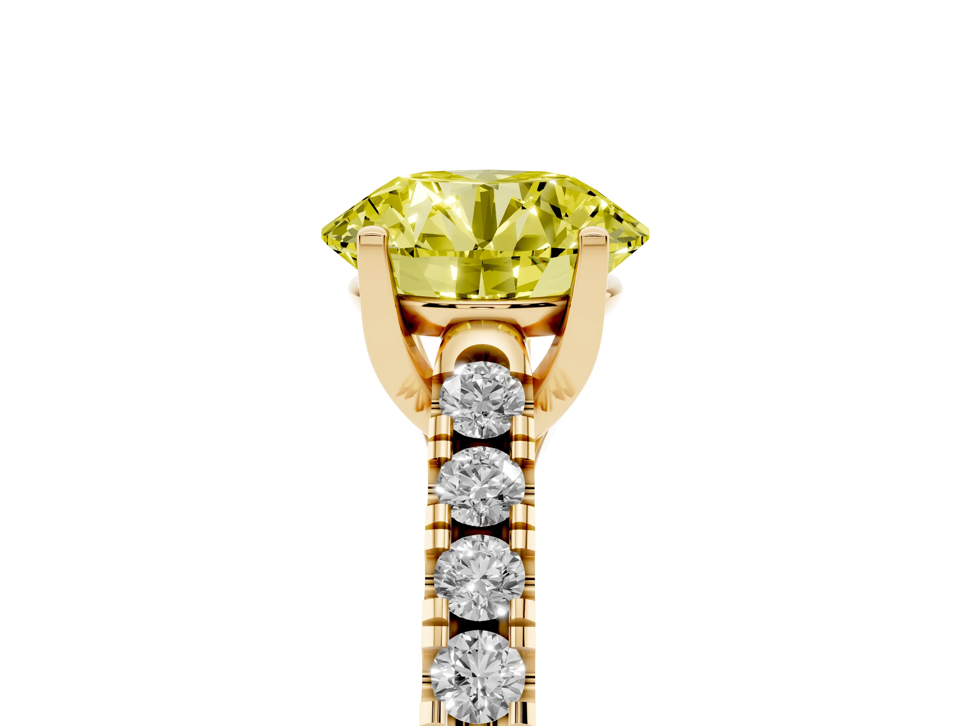 Fancy Yellow Round Cut Diamond Pavé Band Solitaire Ring Set in Yellow gold with Partway Accent Stones and Prong Setting