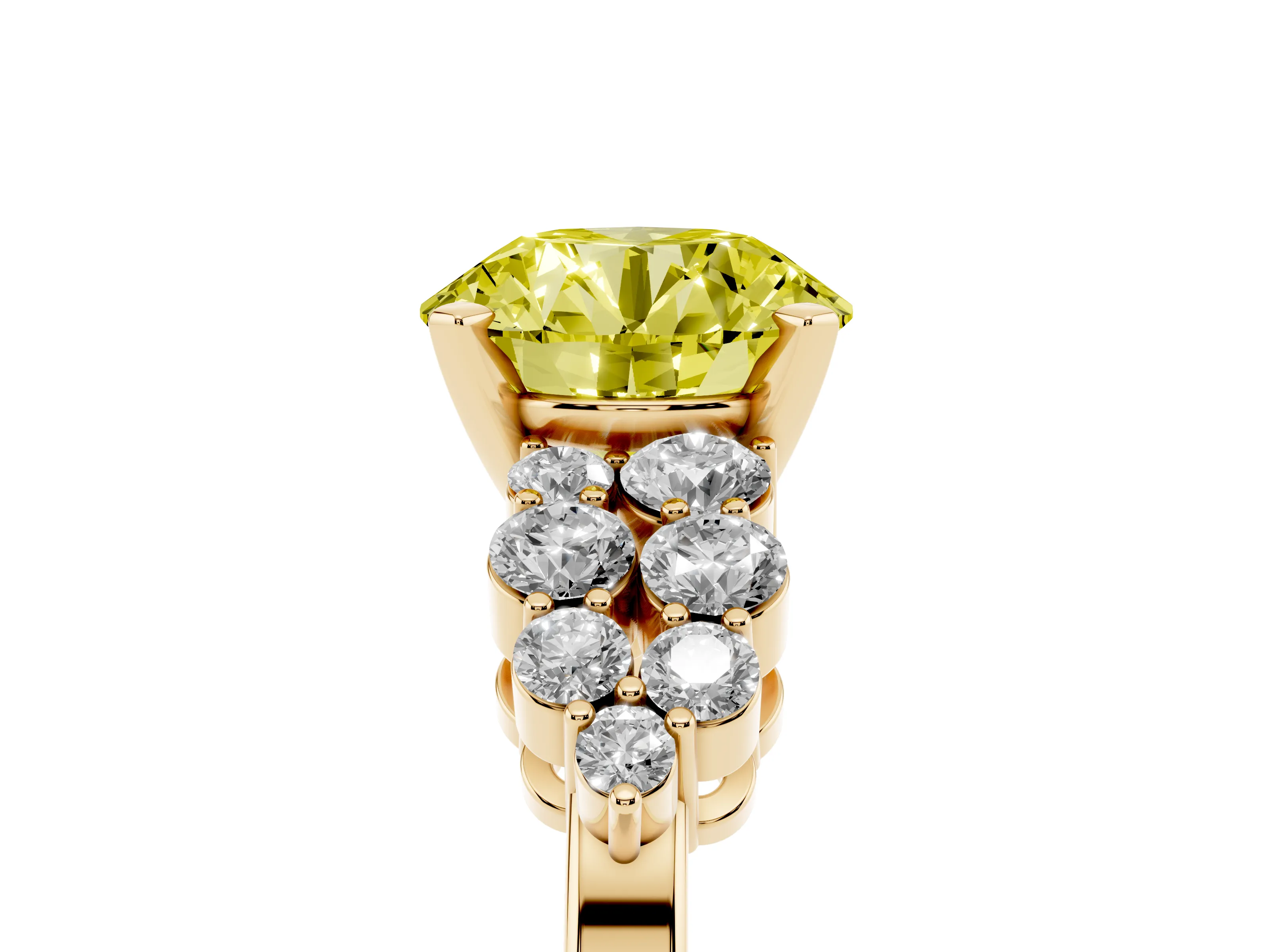 Fancy Yellow Round Cut Diamond Cluster Engagement Ring Set in Yellow gold with Pavé Band and Prong Setting