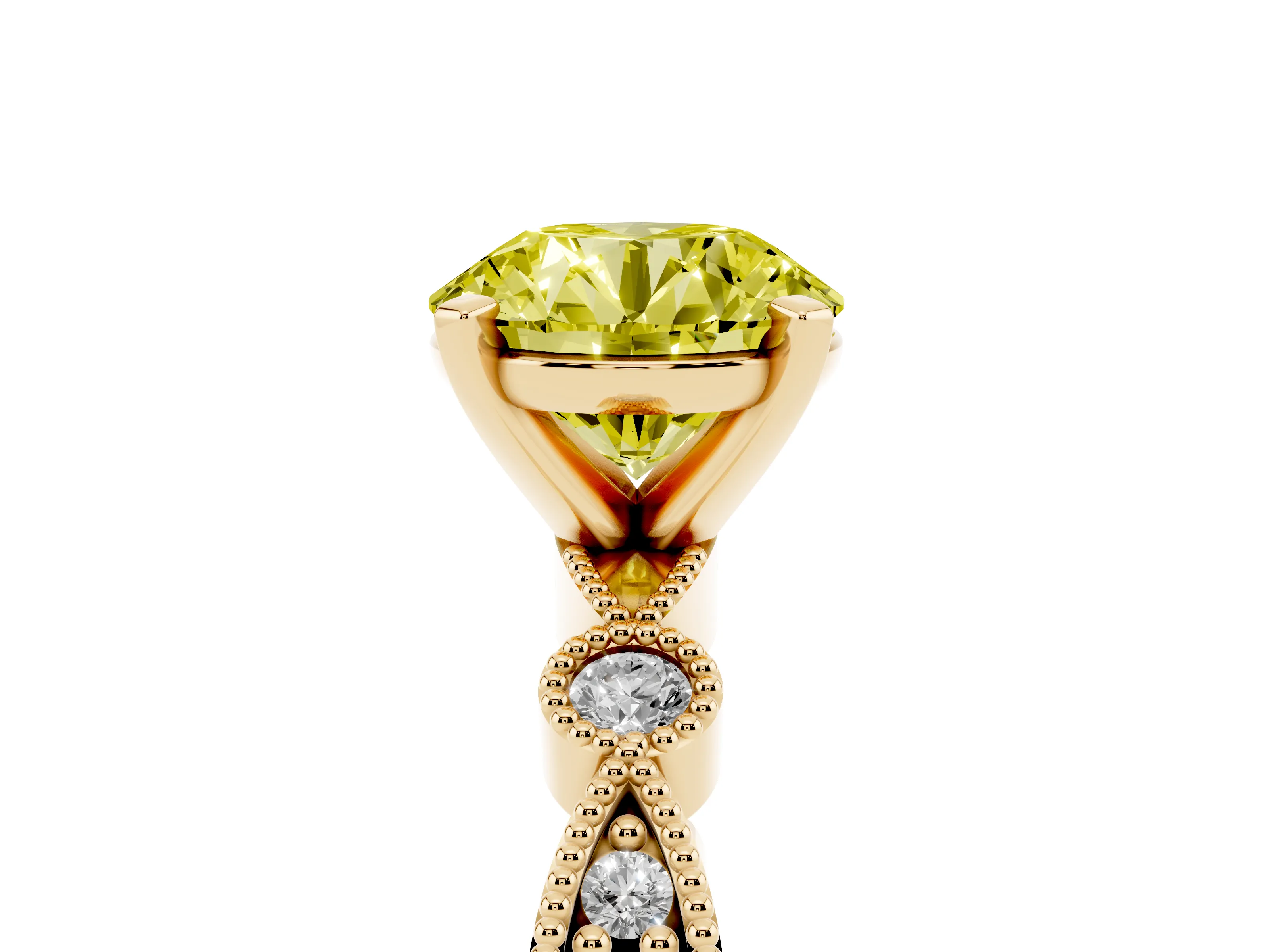 Fancy Yellow Round Cut Diamond Solitaire Engagement Ring Set in Yellow gold with Milgrain Bezel Accent Band